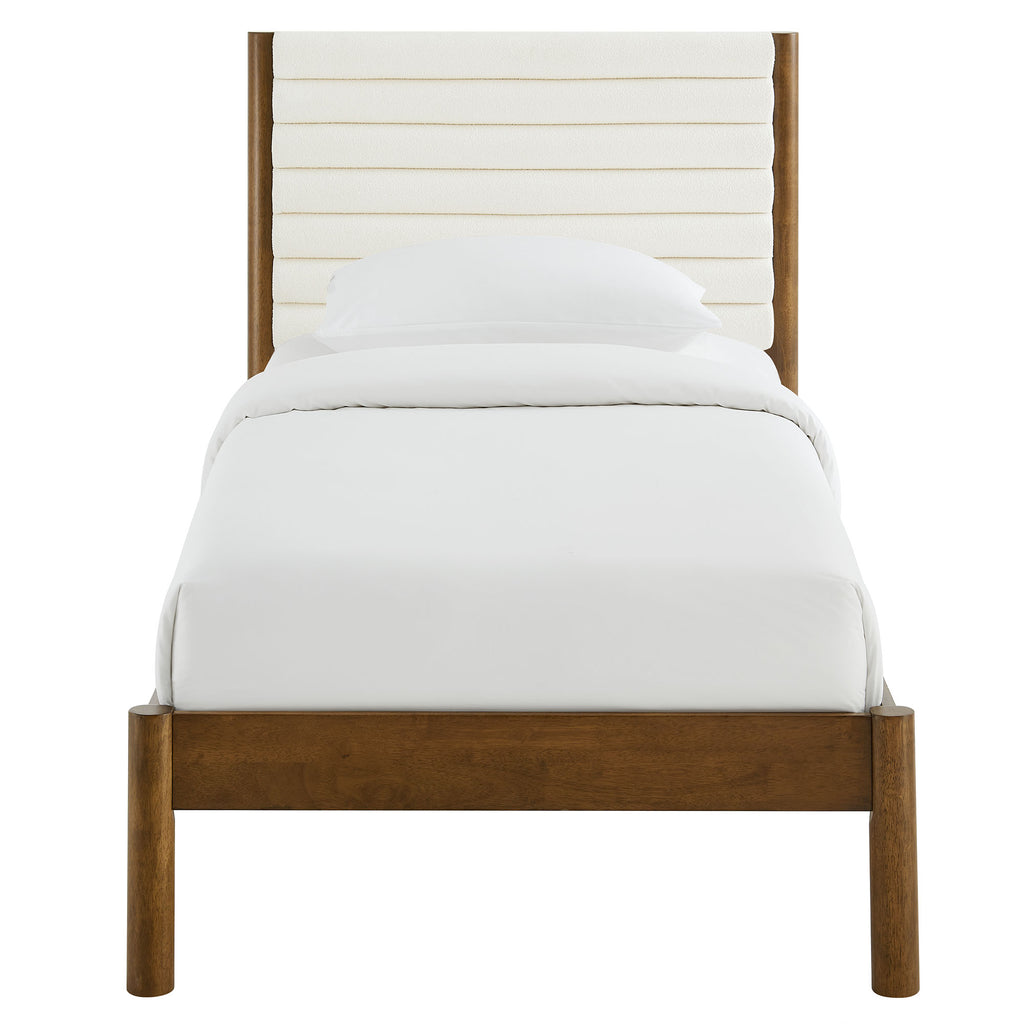 Olea Channel Tufted Boucle Solid Wood Twin Platform Bed - Feather Walnut