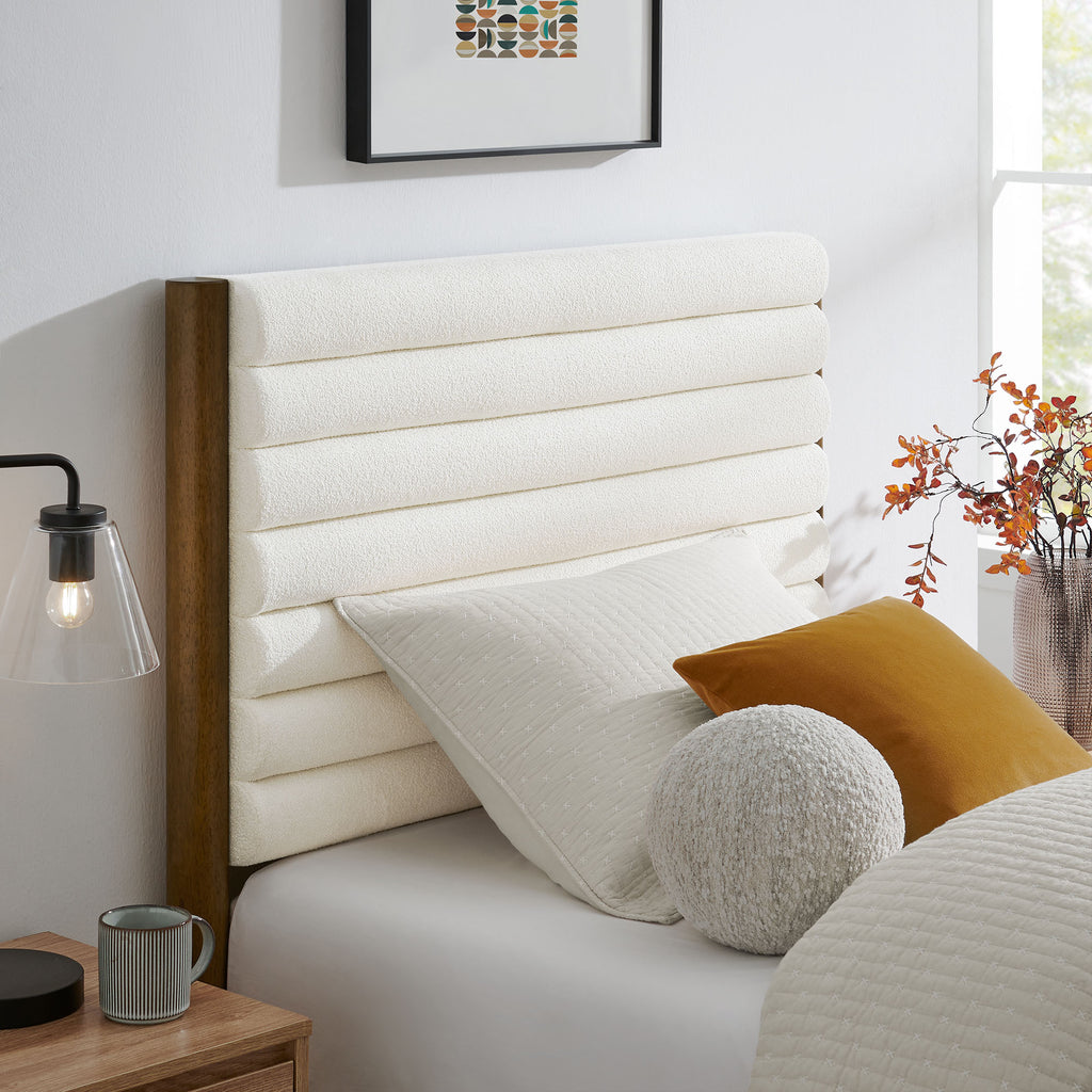 Olea Channel Tufted Boucle Solid Wood Twin Platform Bed - Feather Walnut