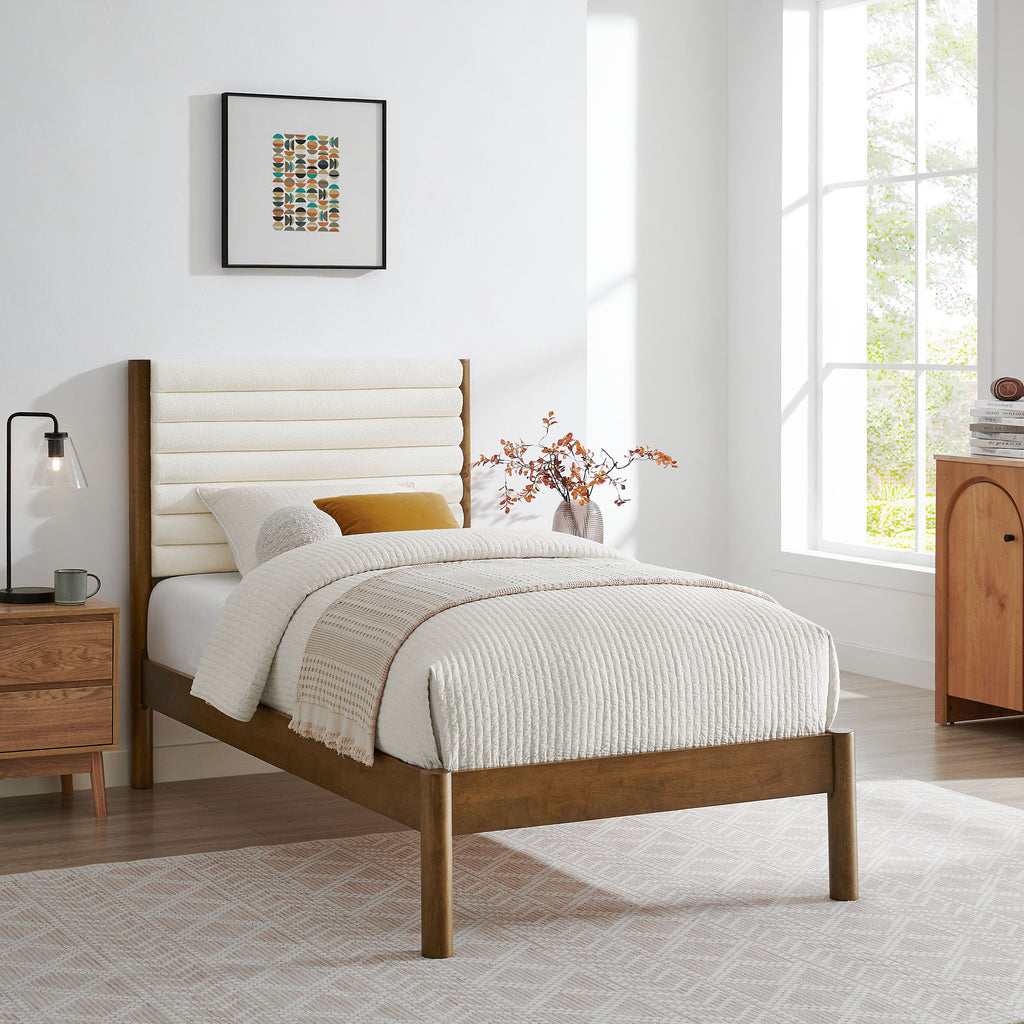 Olea Channel Tufted Boucle Solid Wood Twin Platform Bed - Feather Walnut
