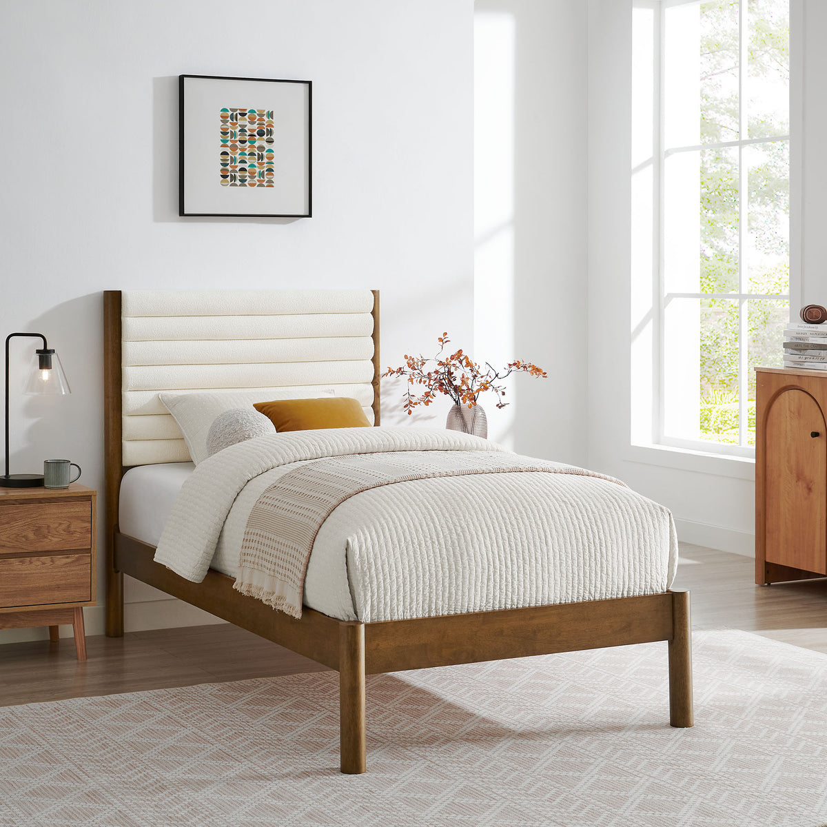 Olea Channel Tufted Boucle Solid Wood Twin Platform Bed - Feather Walnut
