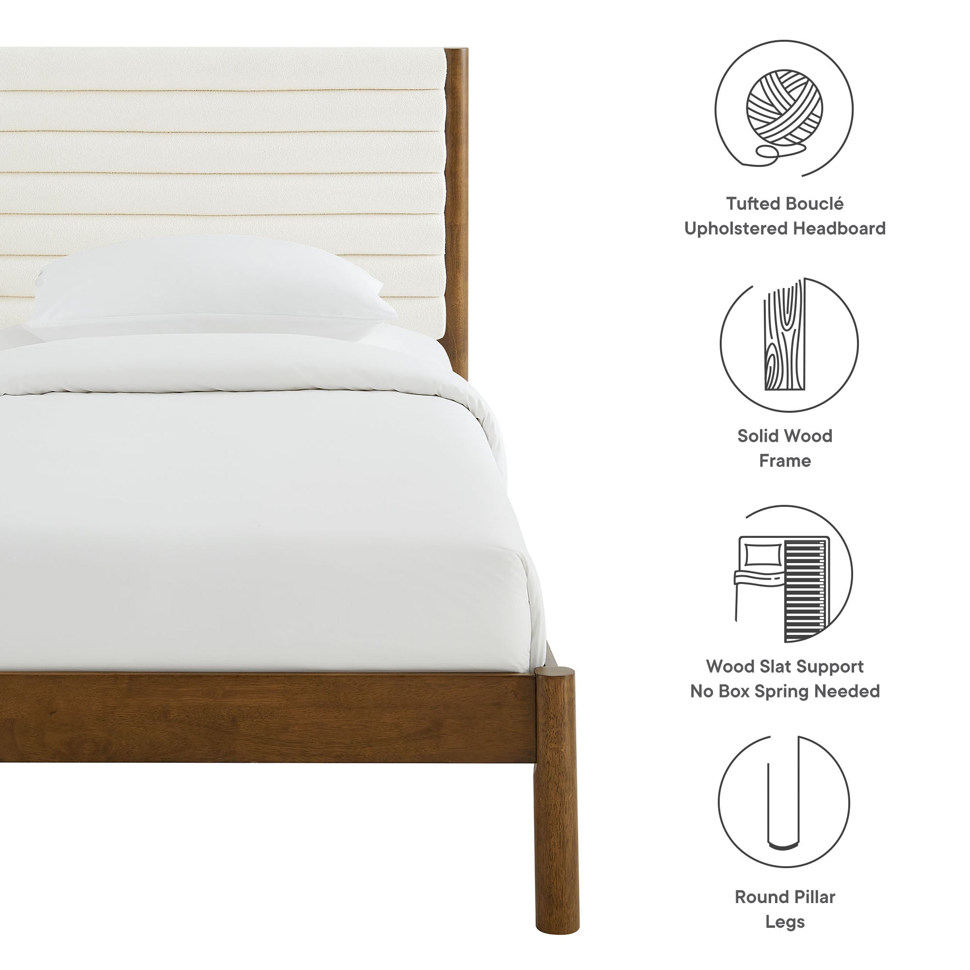 Olea Channel Tufted Boucle Solid Wood Twin Platform Bed - Feather Walnut