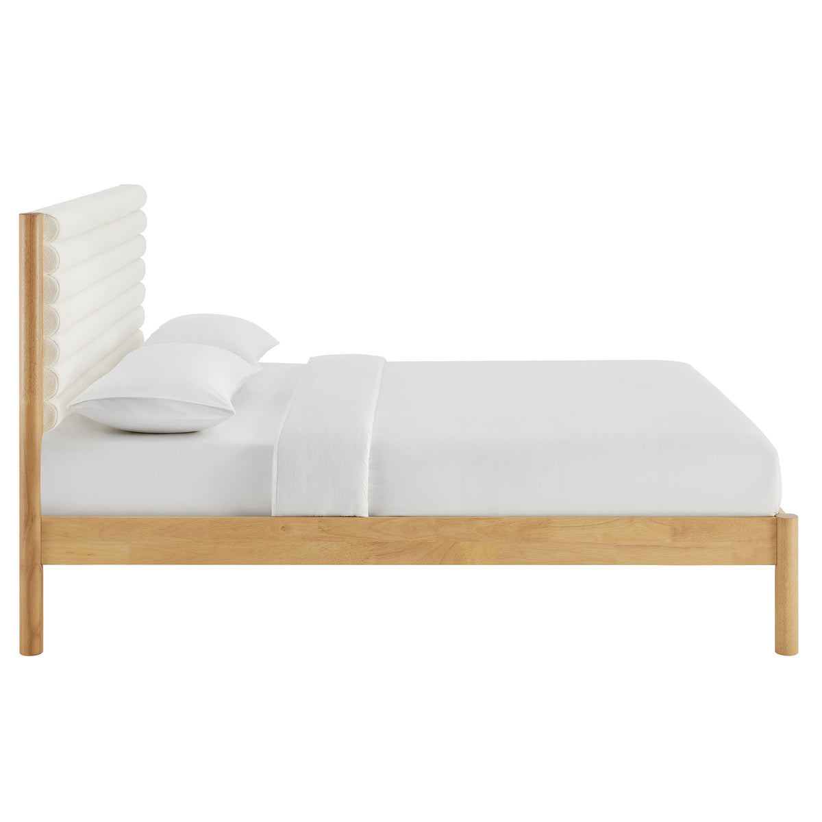 Olea Channel Tufted Boucle Solid Wood Queen Platform Bed - Feather Oak
