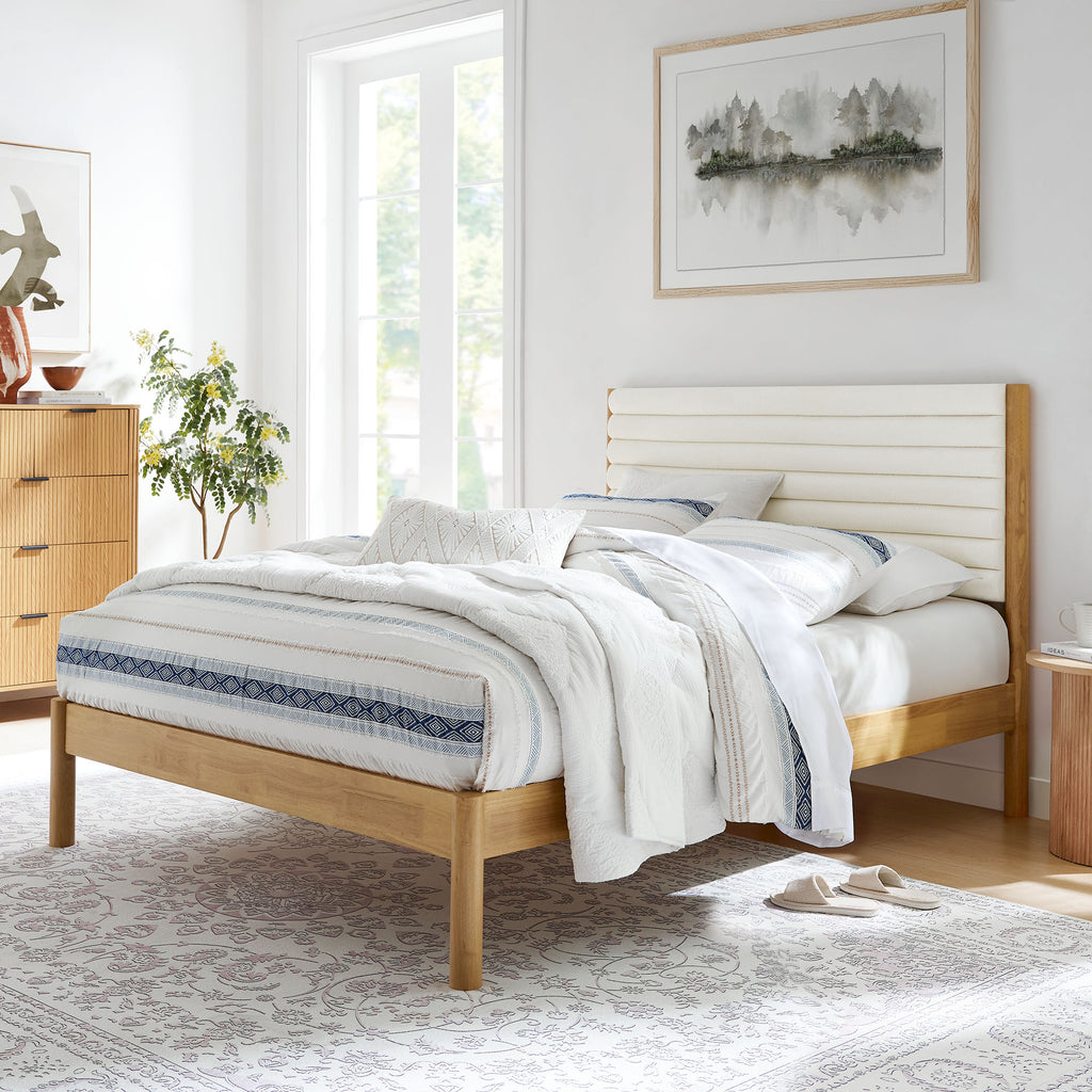 Olea Channel Tufted Boucle Solid Wood Queen Platform Bed - Feather Oak