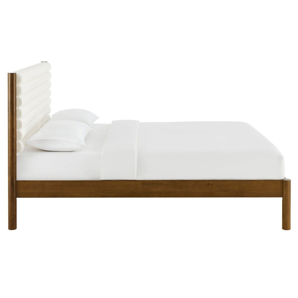 Olea Channel Tufted Boucle Solid Wood Queen Platform Bed - Feather Walnut
