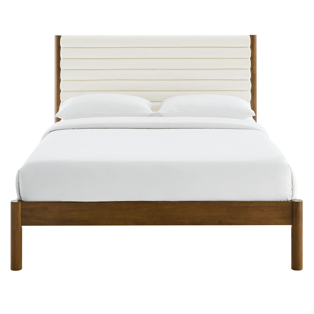 Olea Channel Tufted Boucle Solid Wood Queen Platform Bed - Feather Walnut