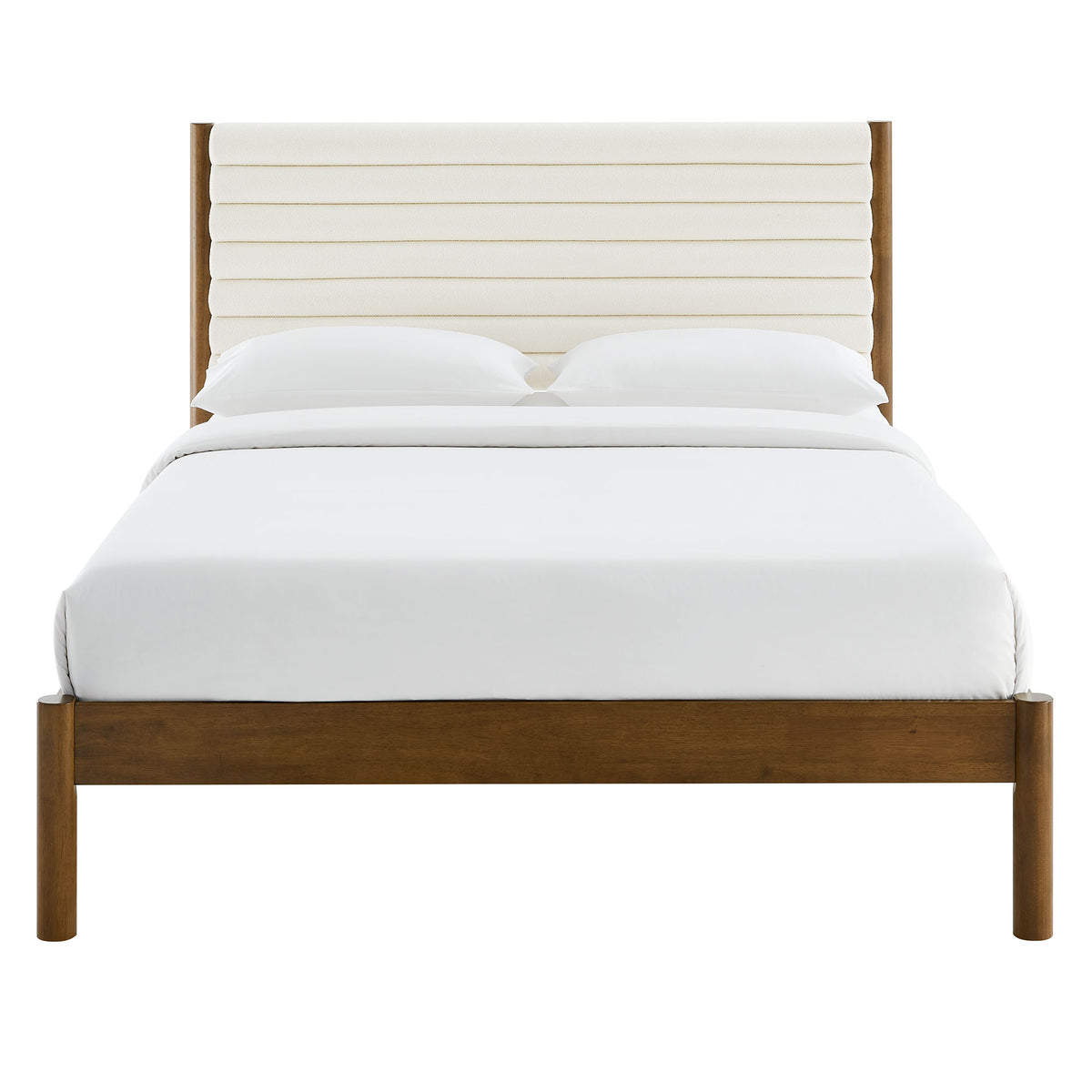Olea Channel Tufted Boucle Solid Wood Queen Platform Bed - Feather Walnut