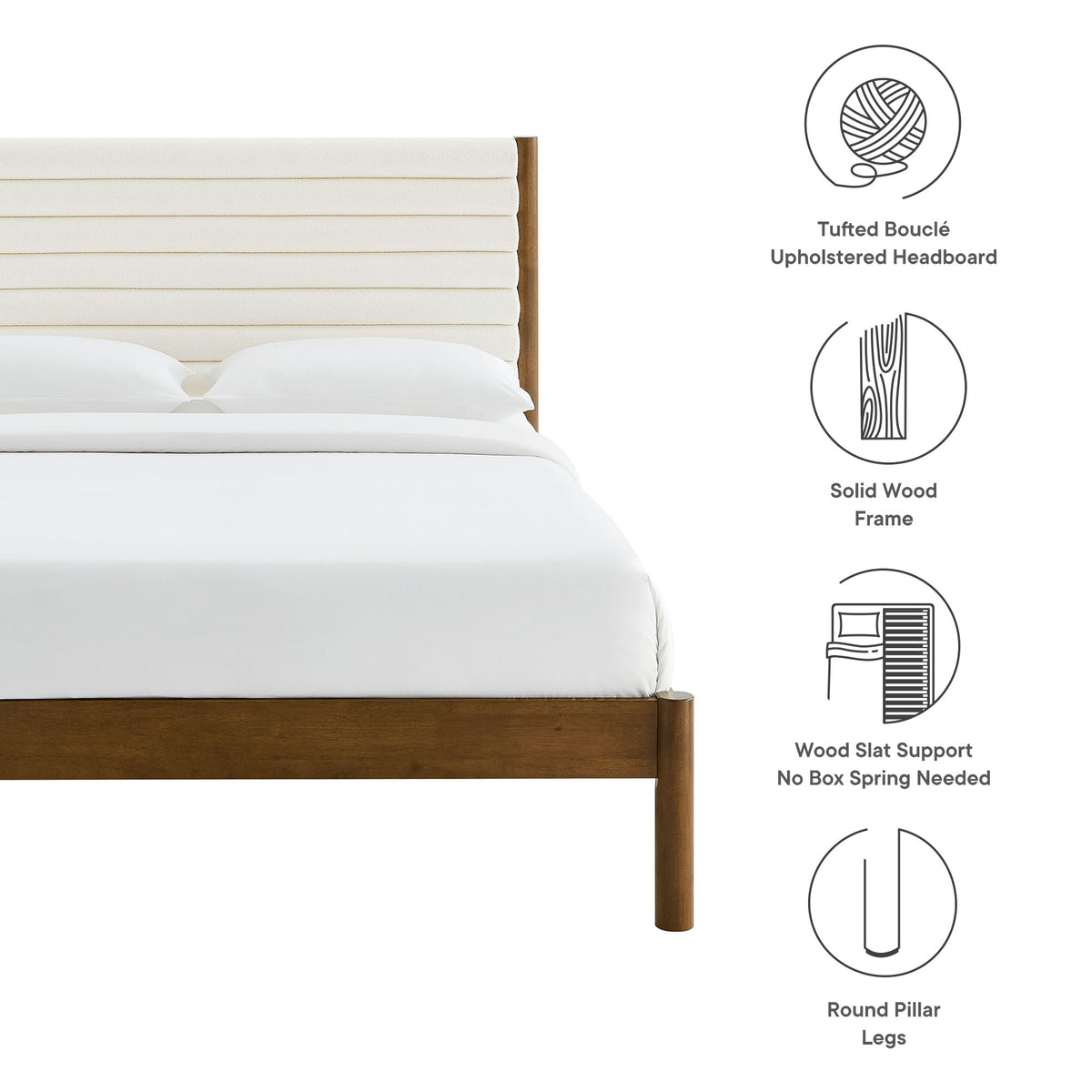 Olea Channel Tufted Boucle Solid Wood Queen Platform Bed - Feather Walnut