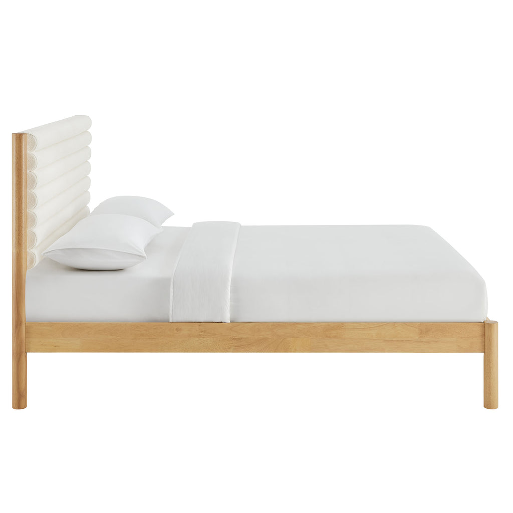 Olea Channel Tufted Boucle Solid Wood King Platform Bed - Feather Oak