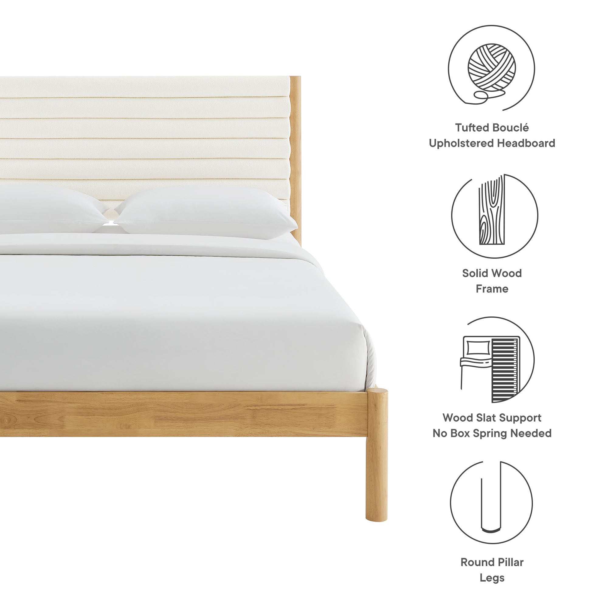 Olea Channel Tufted Boucle Solid Wood King Platform Bed - Feather Oak