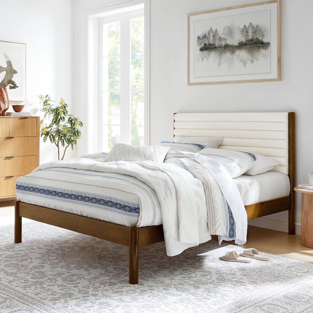 Olea Channel Tufted Boucle Solid Wood King Platform Bed - Feather Walnut