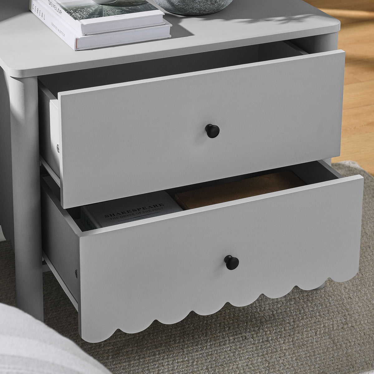 Emmeline Scalloped 2-Drawer Nightstand - Light Gray