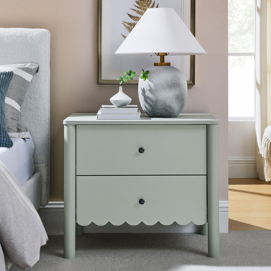 Emmeline Scalloped 2-Drawer Nightstand - Sage