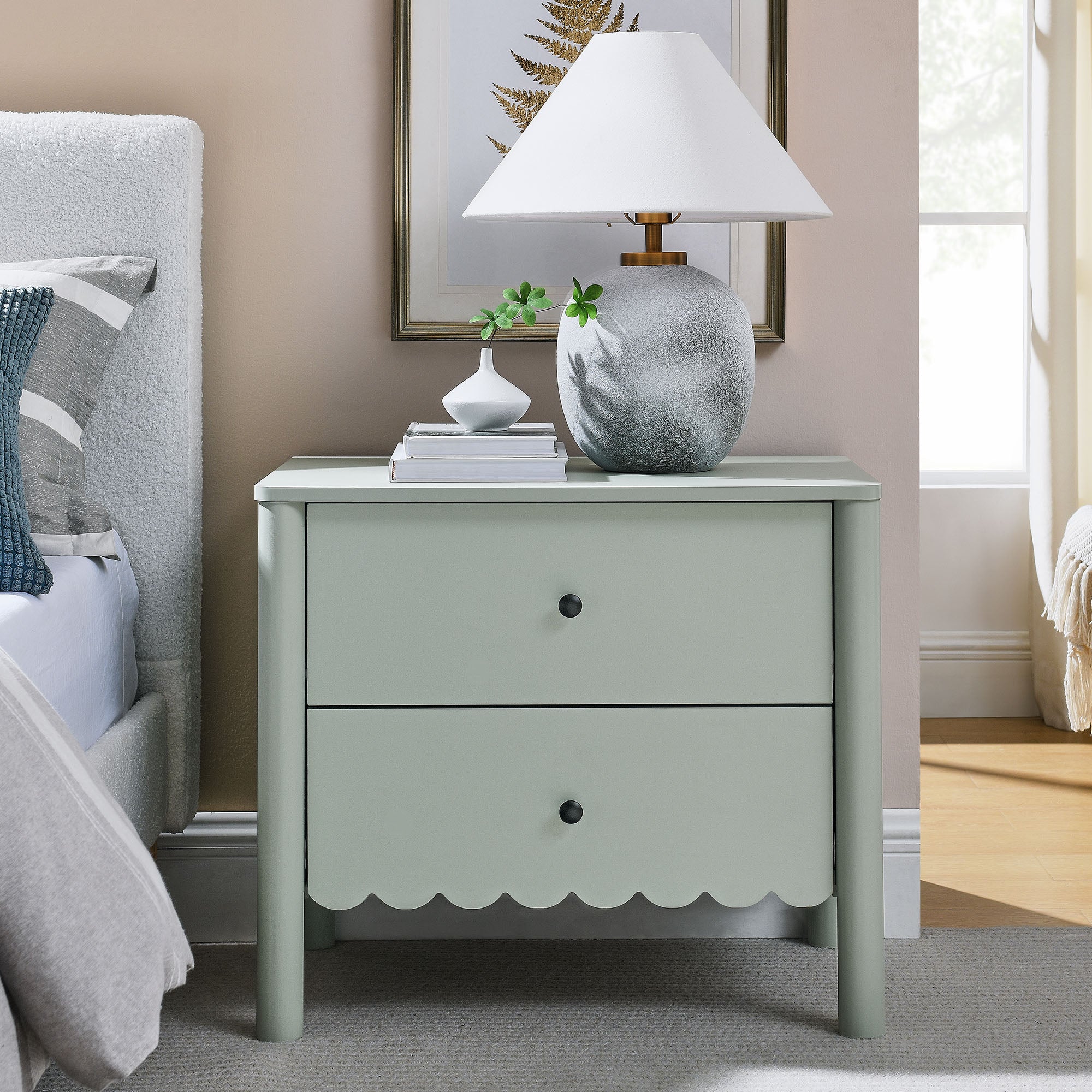 Emmeline Scalloped 2-Drawer Nightstand - Sage
