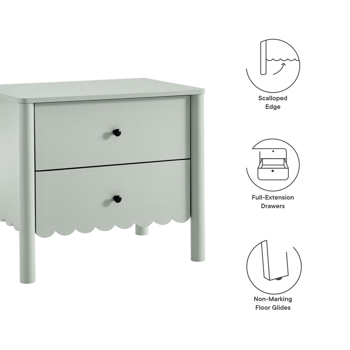Emmeline Scalloped 2-Drawer Nightstand - Sage