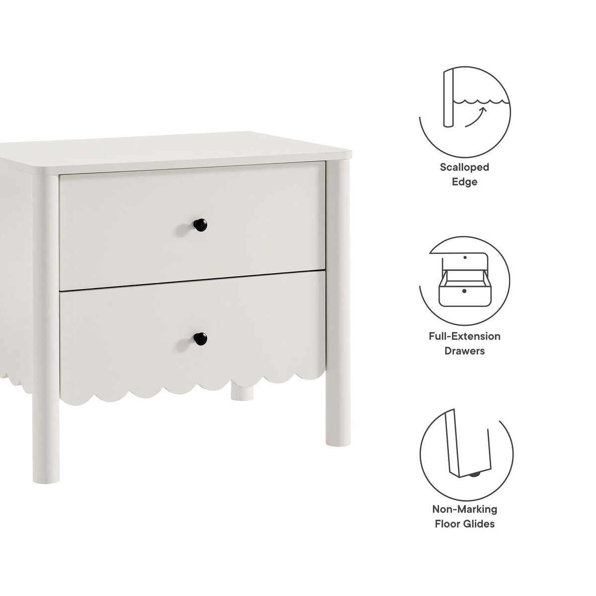 Emmeline Scalloped 2-Drawer Nightstand - White