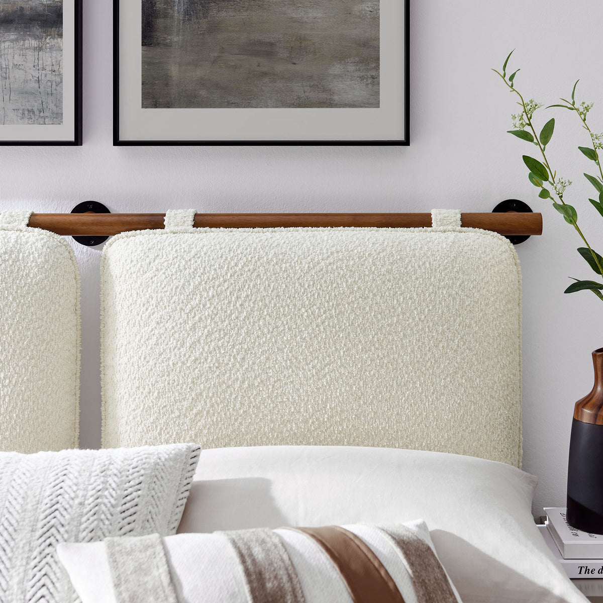 Anela Wall-Mounted Chenille Upholstered Full Headboard - Cream Walnut