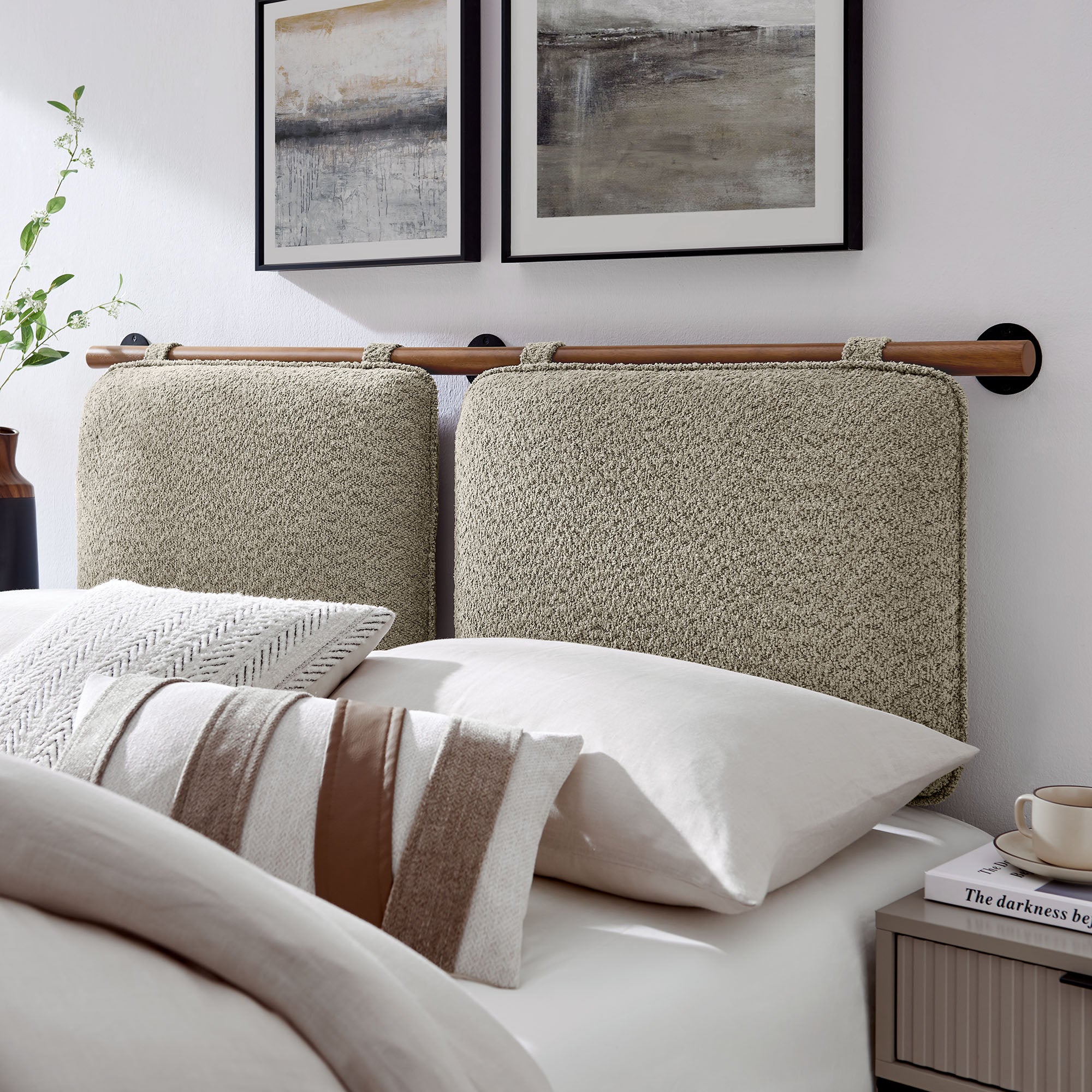 Anela Wall-Mounted Chenille Upholstered Full Headboard - Oatmeal Walnut