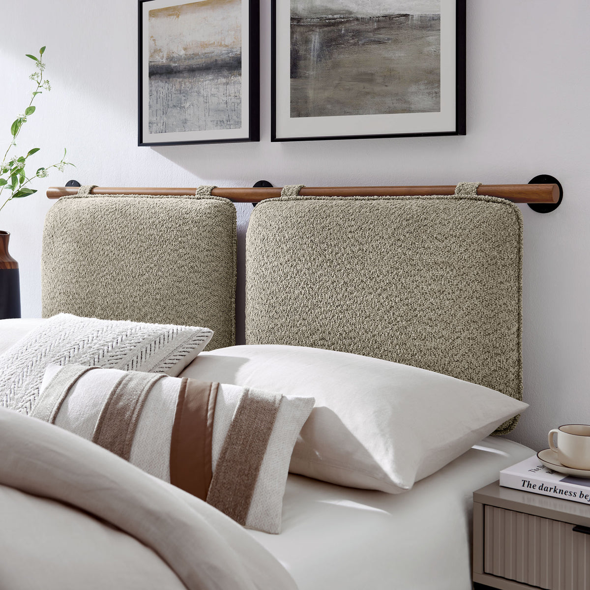 Anela Wall-Mounted Chenille Upholstered King Size Headboard - Oatmeal Walnut