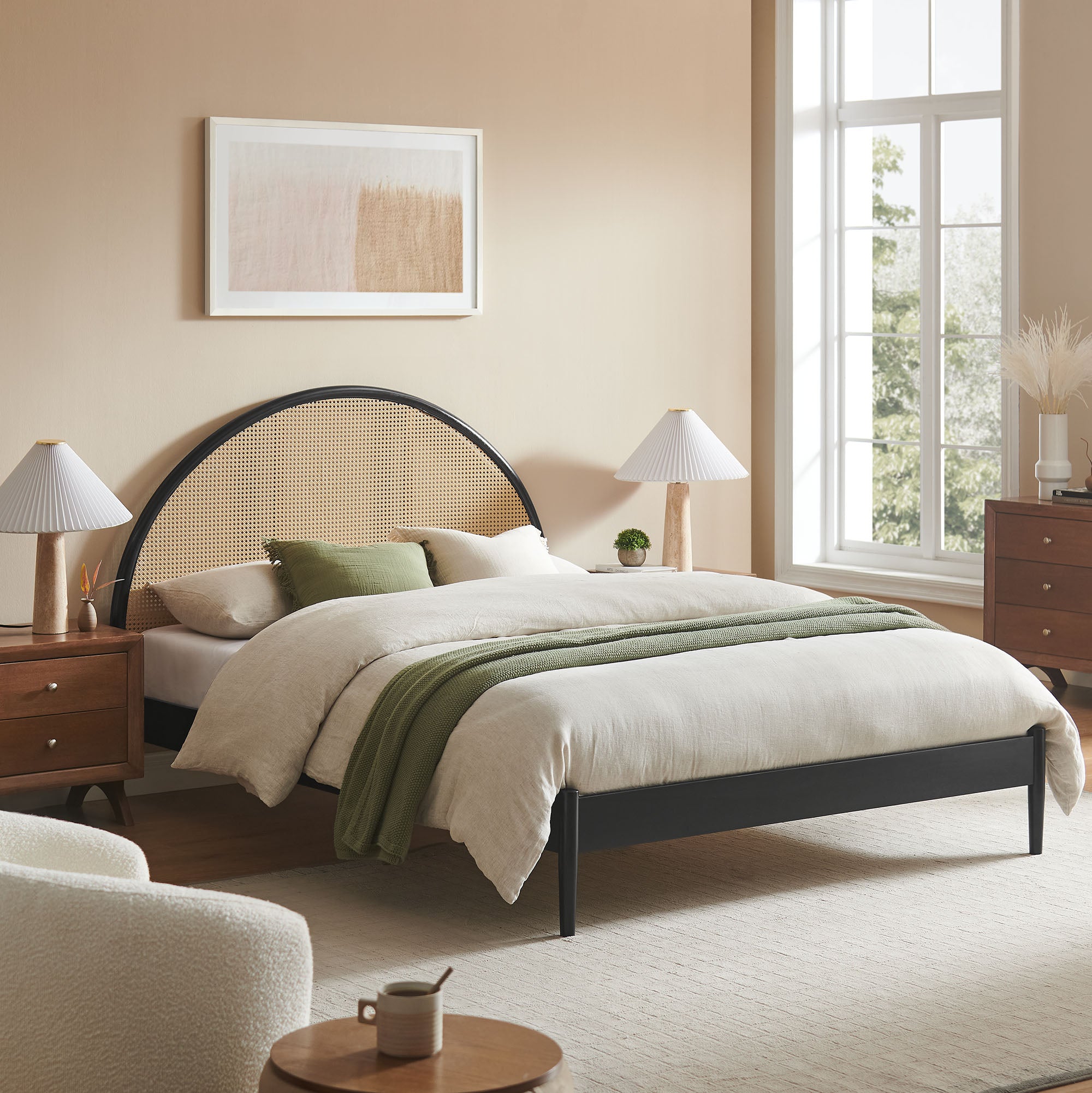 Odette Queen Arched Rattan Cane Platform Bed - Black