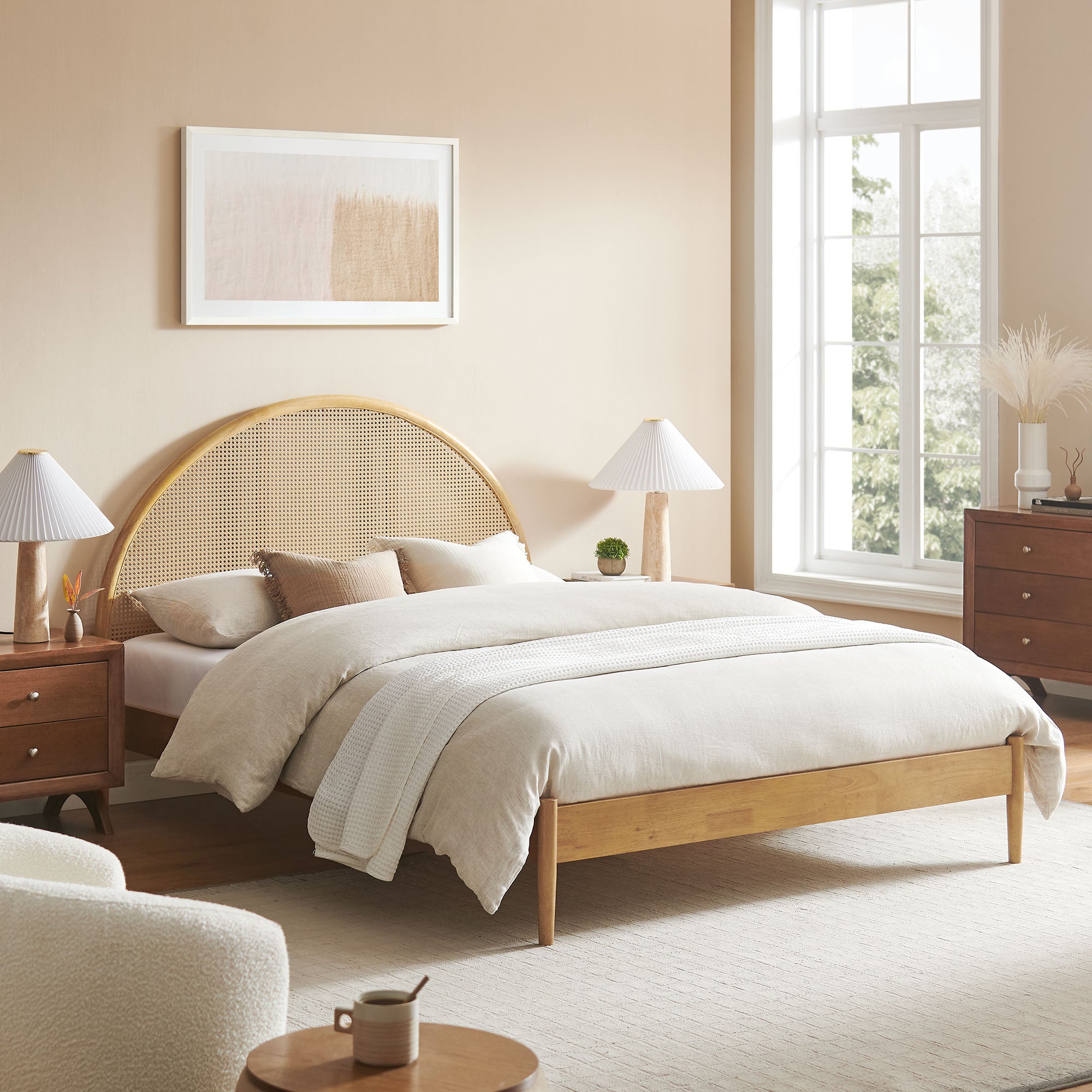 Odette Queen Arched Rattan Cane Platform Bed - Oak