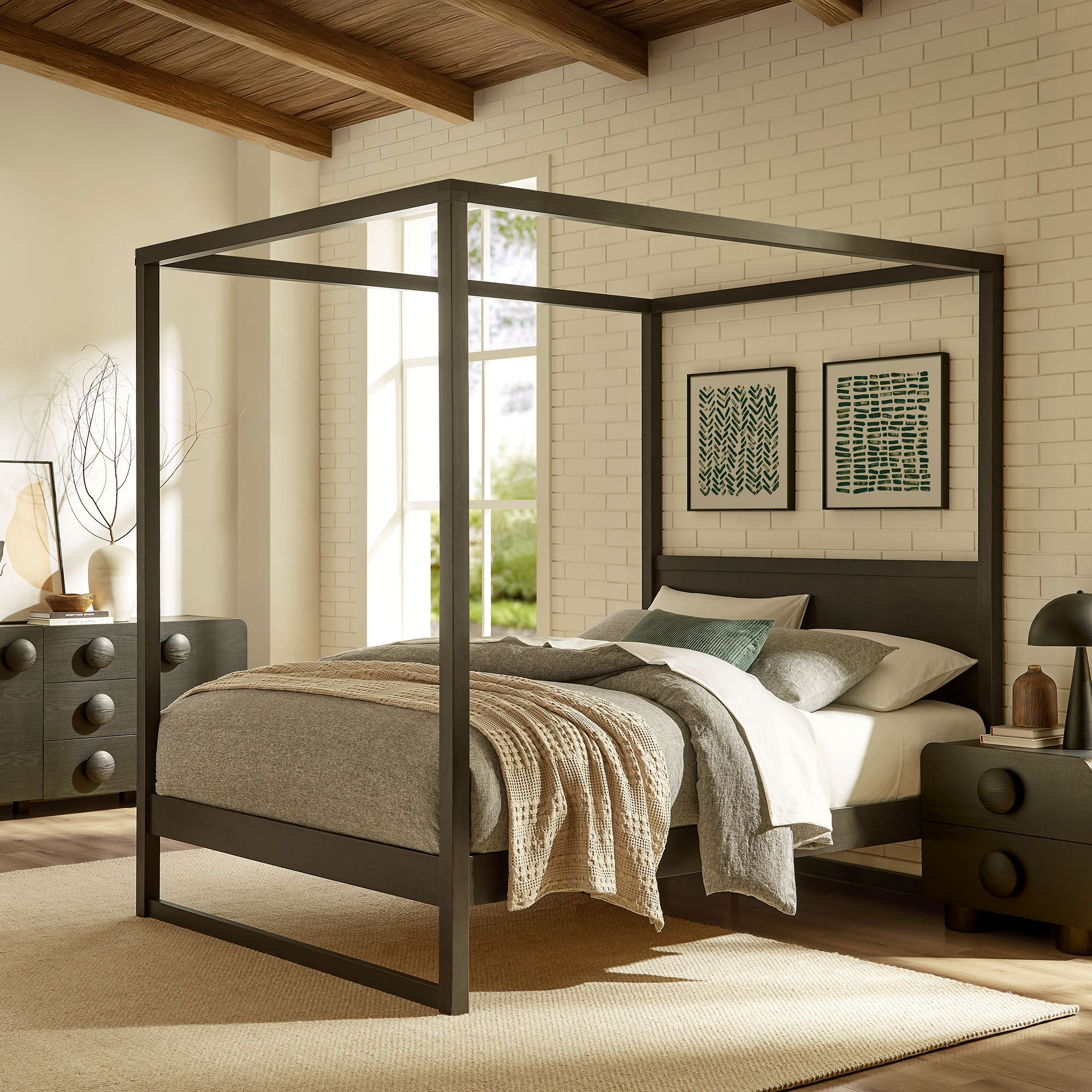 Alva Queen Wood Canopy Platform Bed - Smoked Oak