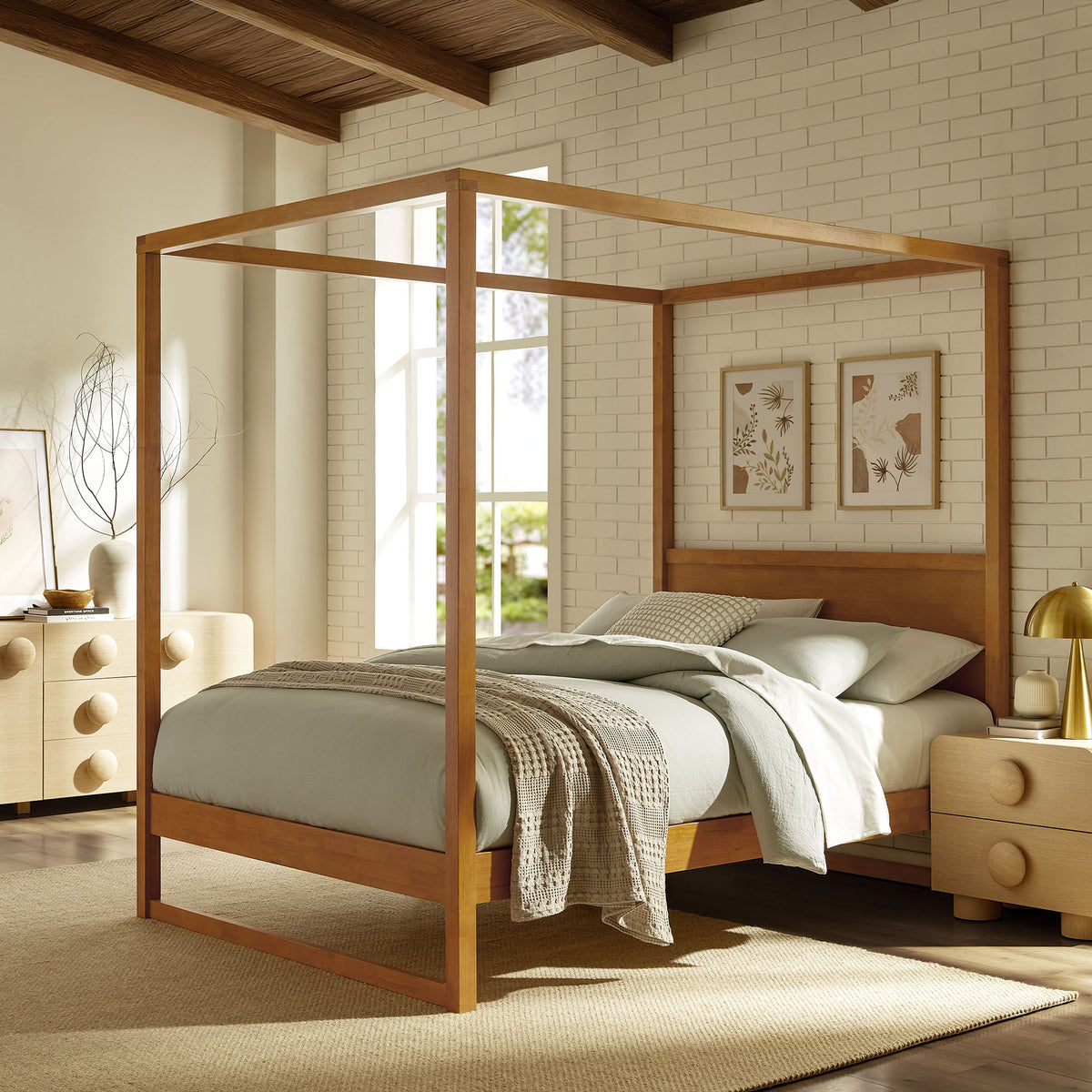 Alva King Wood Canopy Platform Bed - Oak