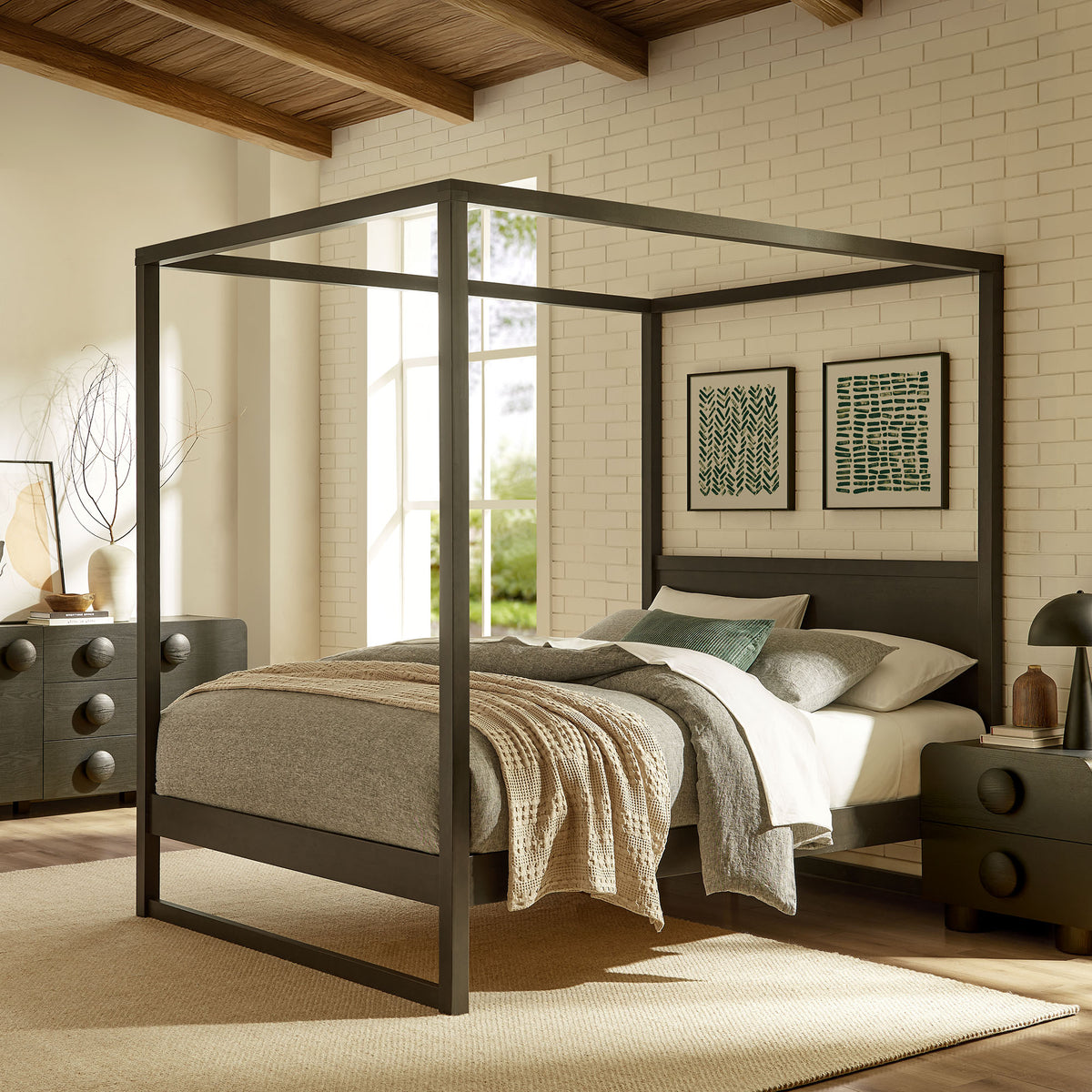 Alva King Wood Canopy Platform Bed - Smoked Oak