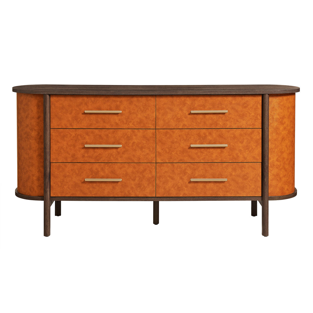 Coralie Curved 6-Drawer Vegan Leather Oval Dresser - Walnut Tan