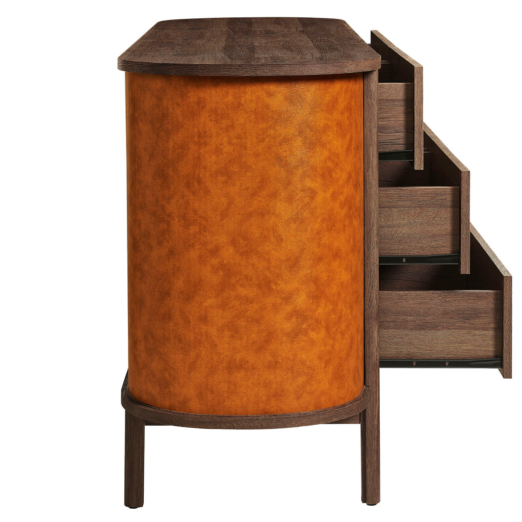 Coralie Curved 6-Drawer Vegan Leather Oval Dresser - Walnut Tan