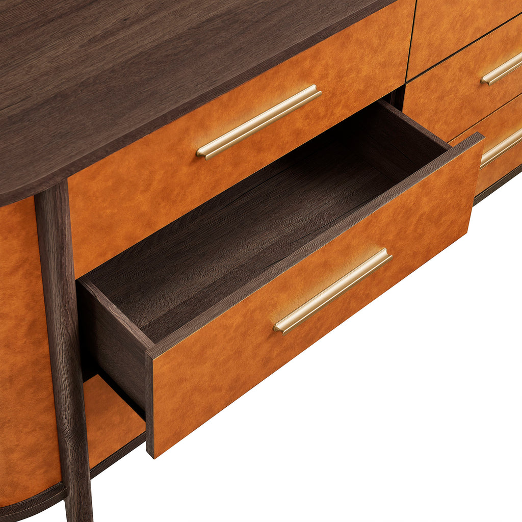 Coralie Curved 6-Drawer Vegan Leather Oval Dresser - Walnut Tan