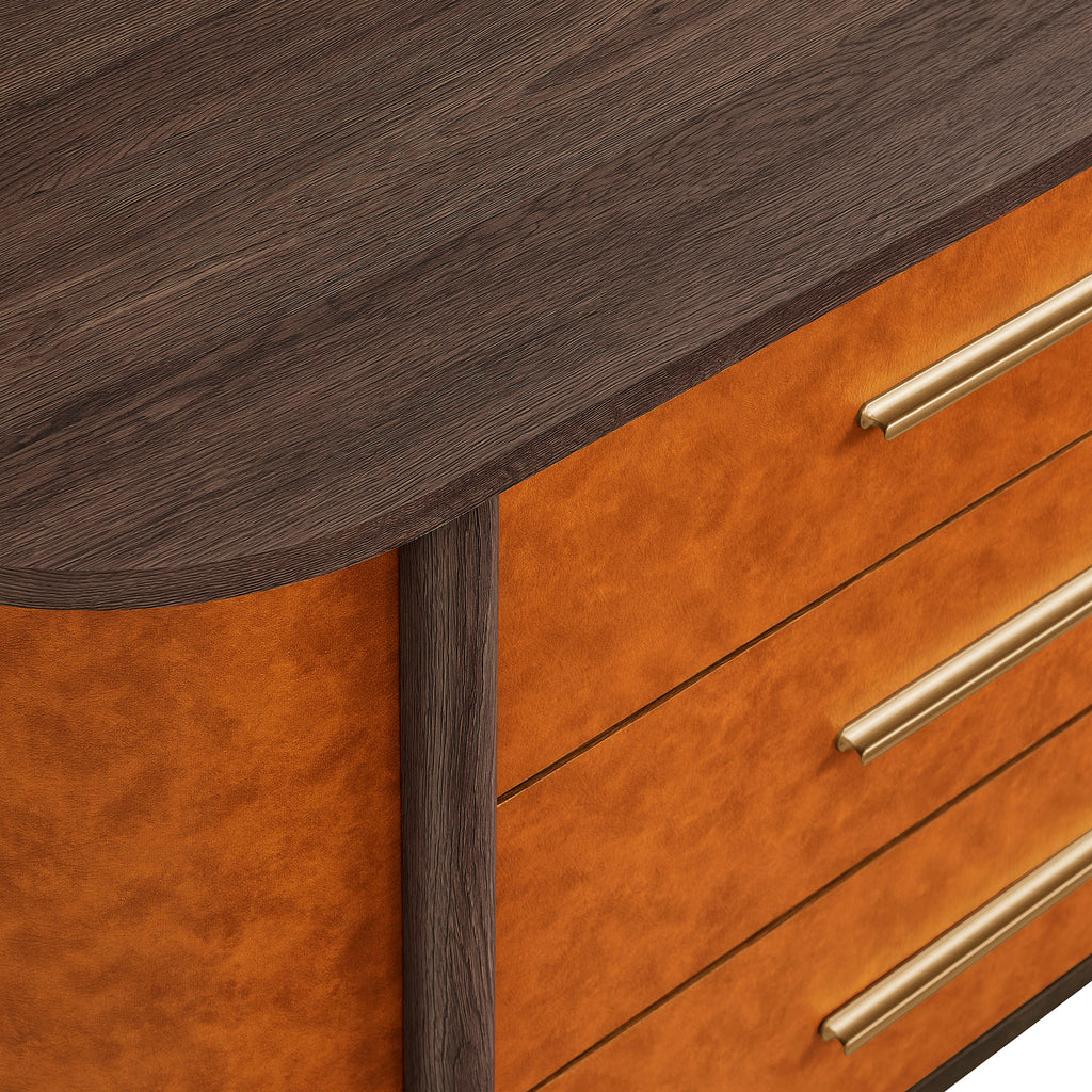 Coralie Curved 6-Drawer Vegan Leather Oval Dresser - Walnut Tan
