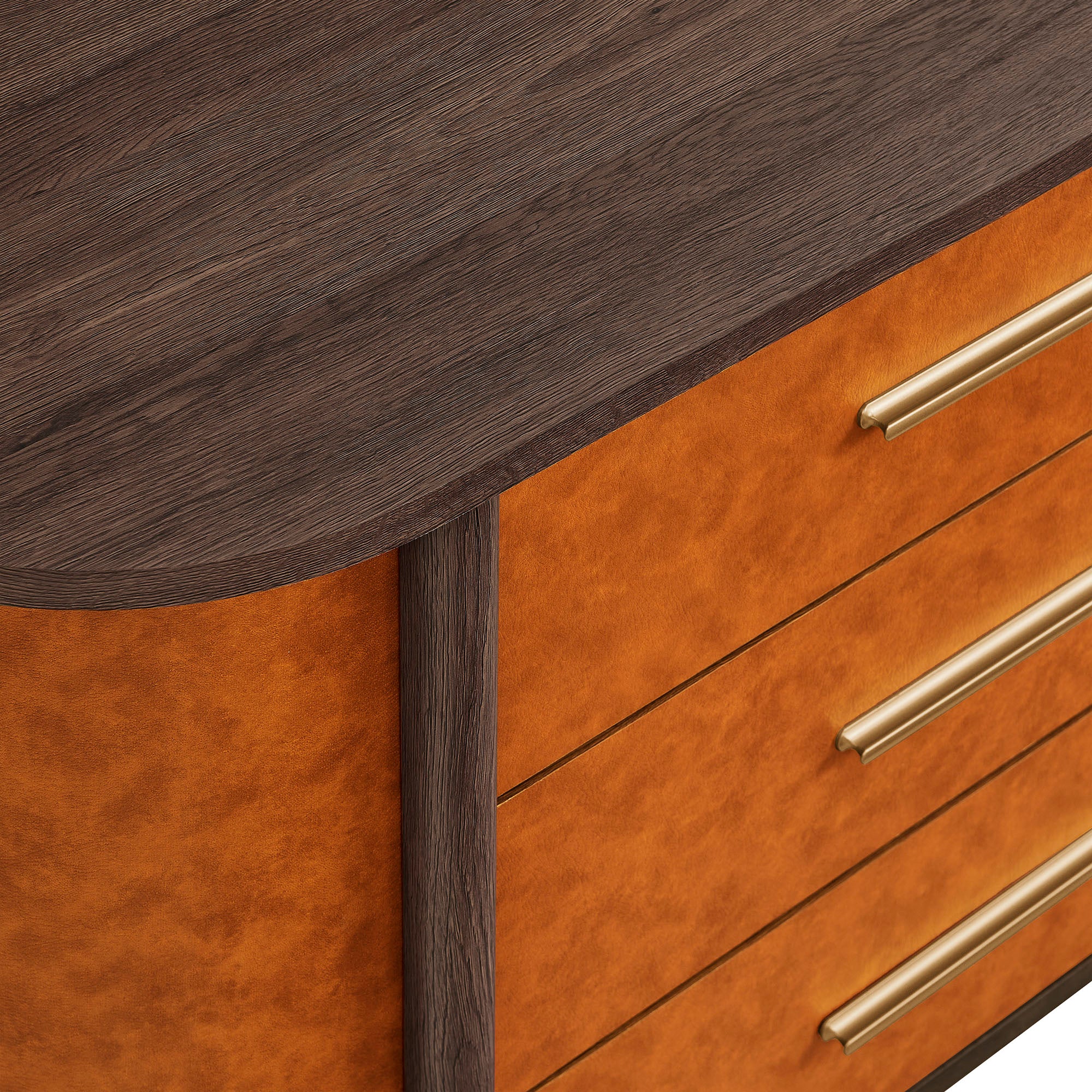Coralie Curved 6-Drawer Vegan Leather Oval Dresser - Walnut Tan