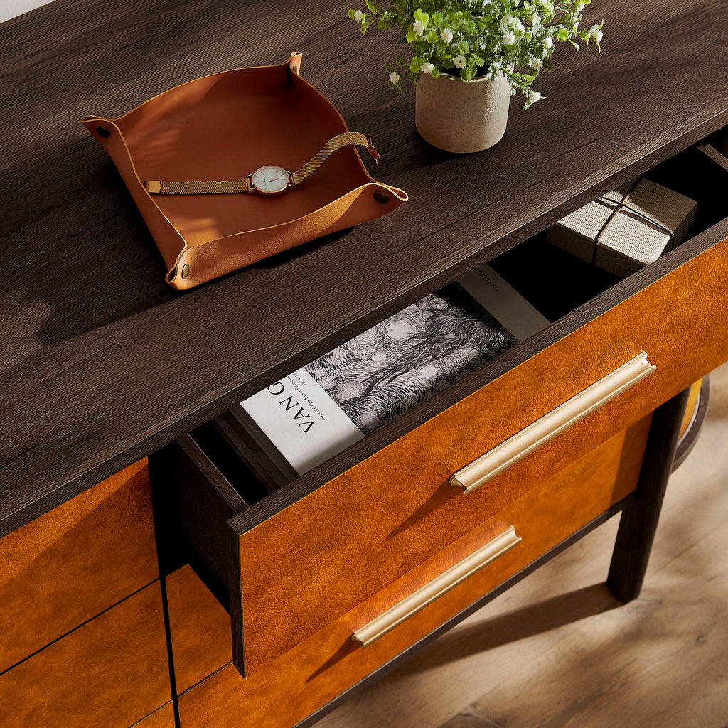 Coralie Curved 6-Drawer Vegan Leather Oval Dresser - Walnut Tan
