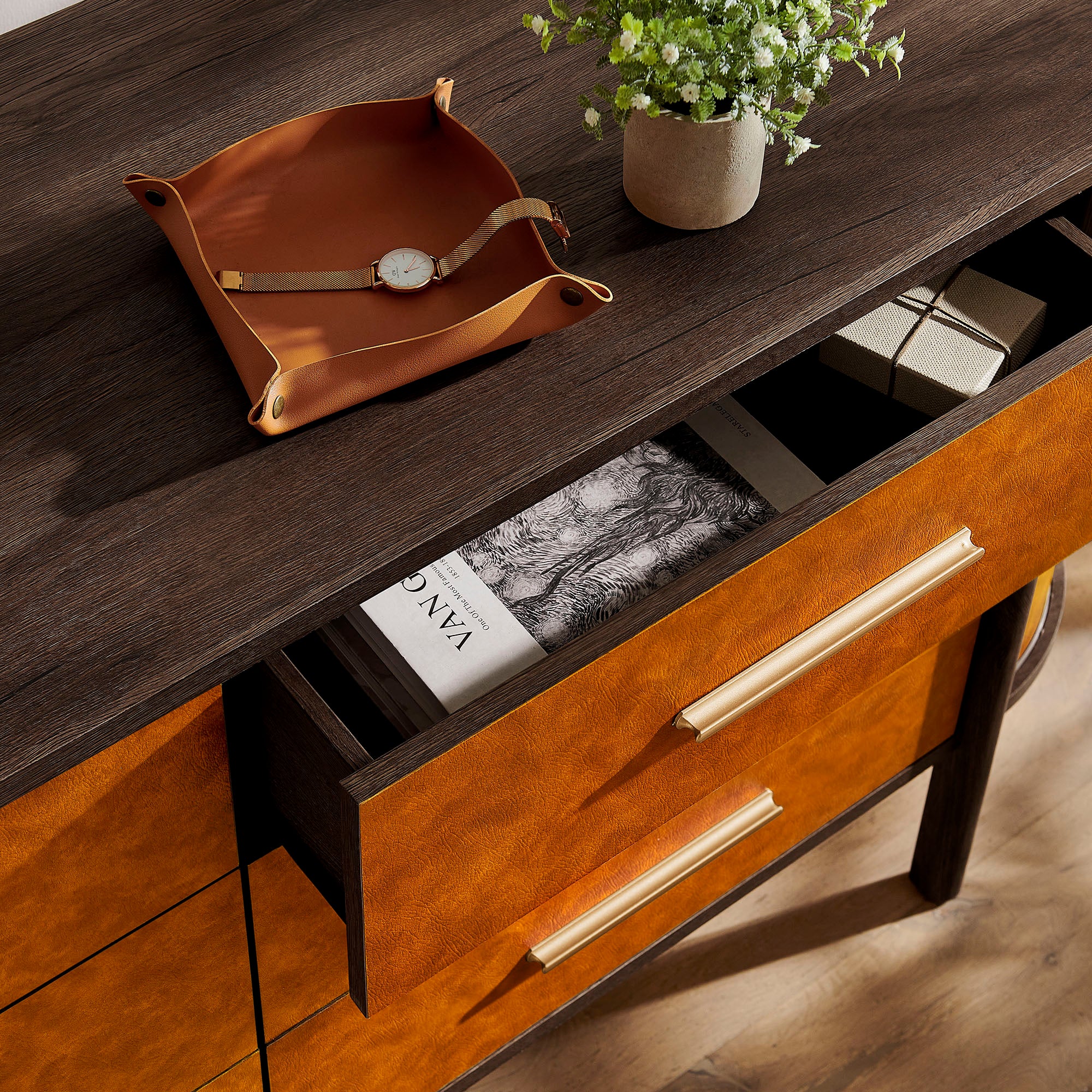 Coralie Curved 6-Drawer Vegan Leather Oval Dresser - Walnut Tan