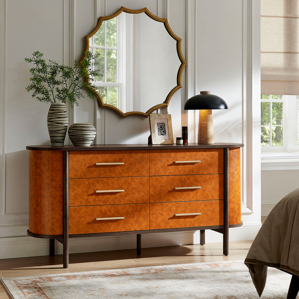 Coralie Curved 6-Drawer Vegan Leather Oval Dresser - Walnut Tan