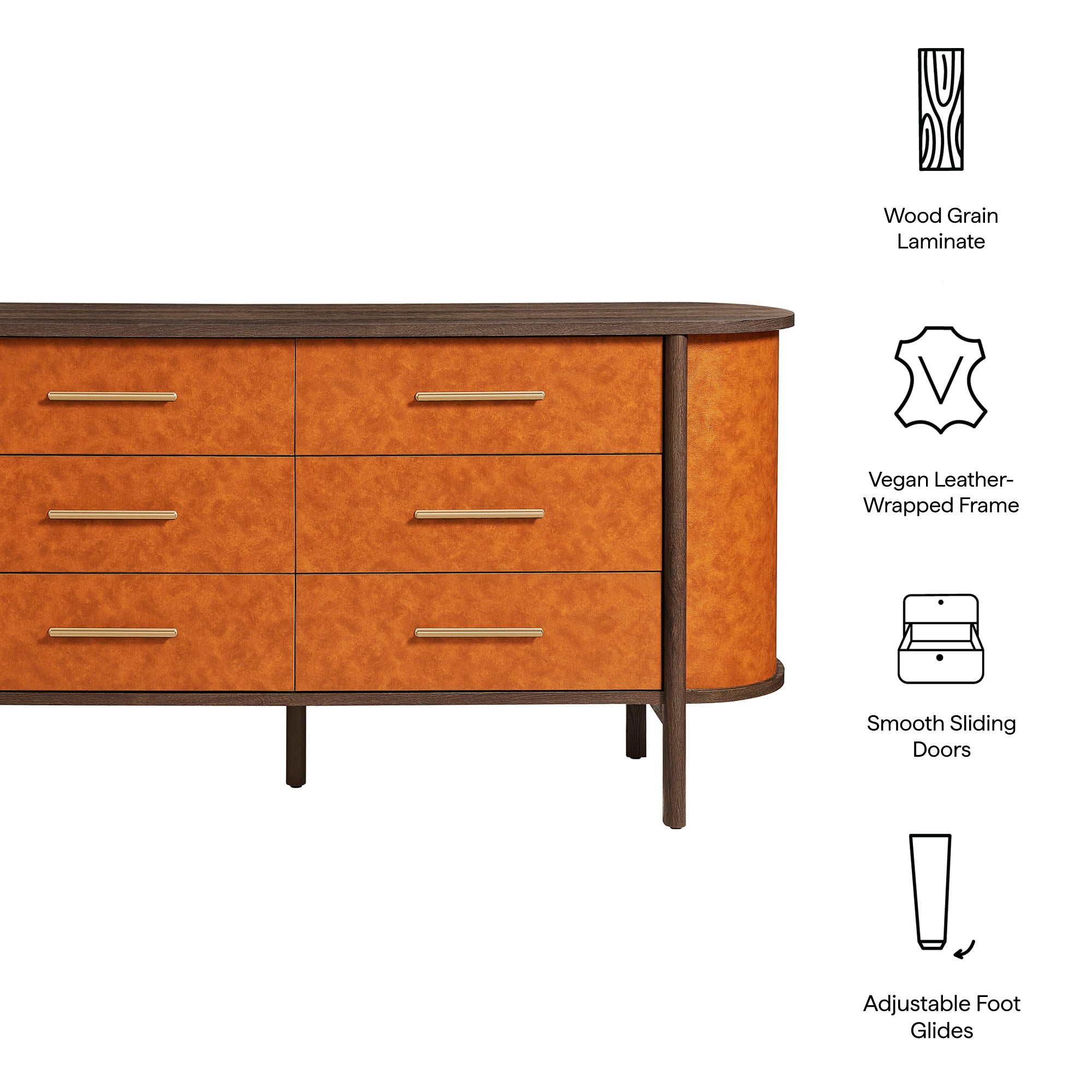 Coralie Curved 6-Drawer Vegan Leather Oval Dresser - Walnut Tan