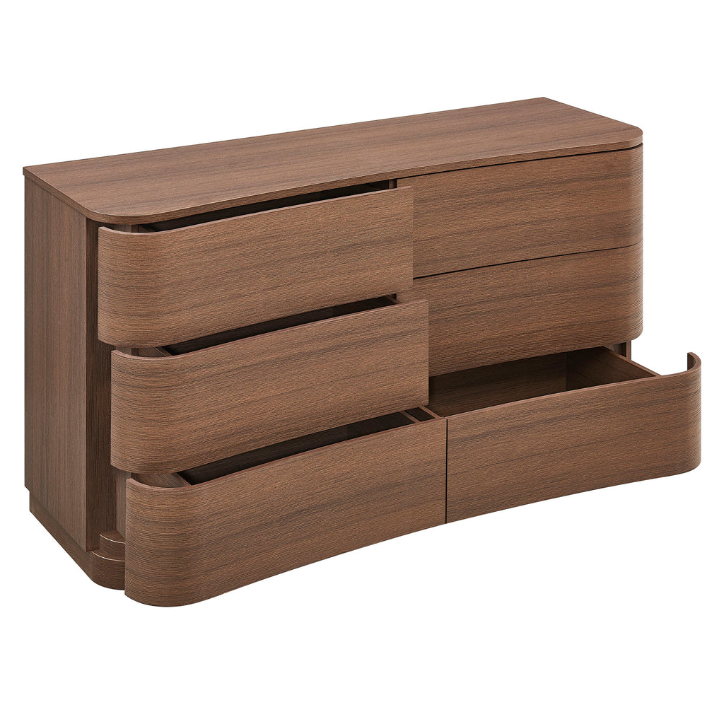 Mirae 6-Drawer Curved Dresser - Brushed Brown Oak