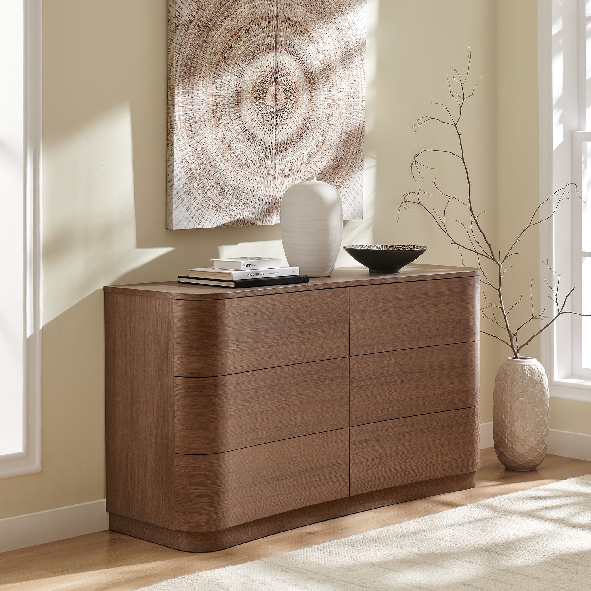 Mirae 6-Drawer Curved Dresser - Brushed Brown Oak