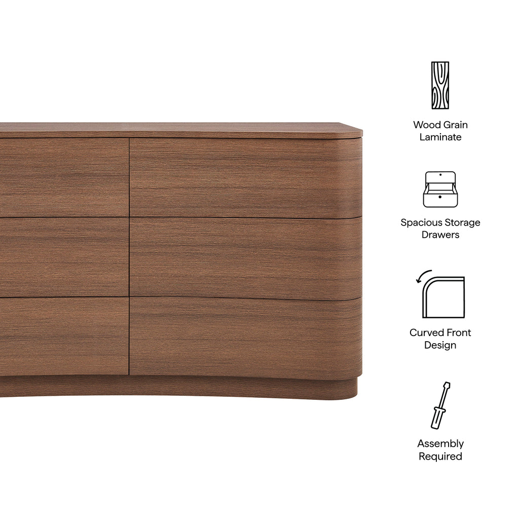 Mirae 6-Drawer Curved Dresser - Brushed Brown Oak