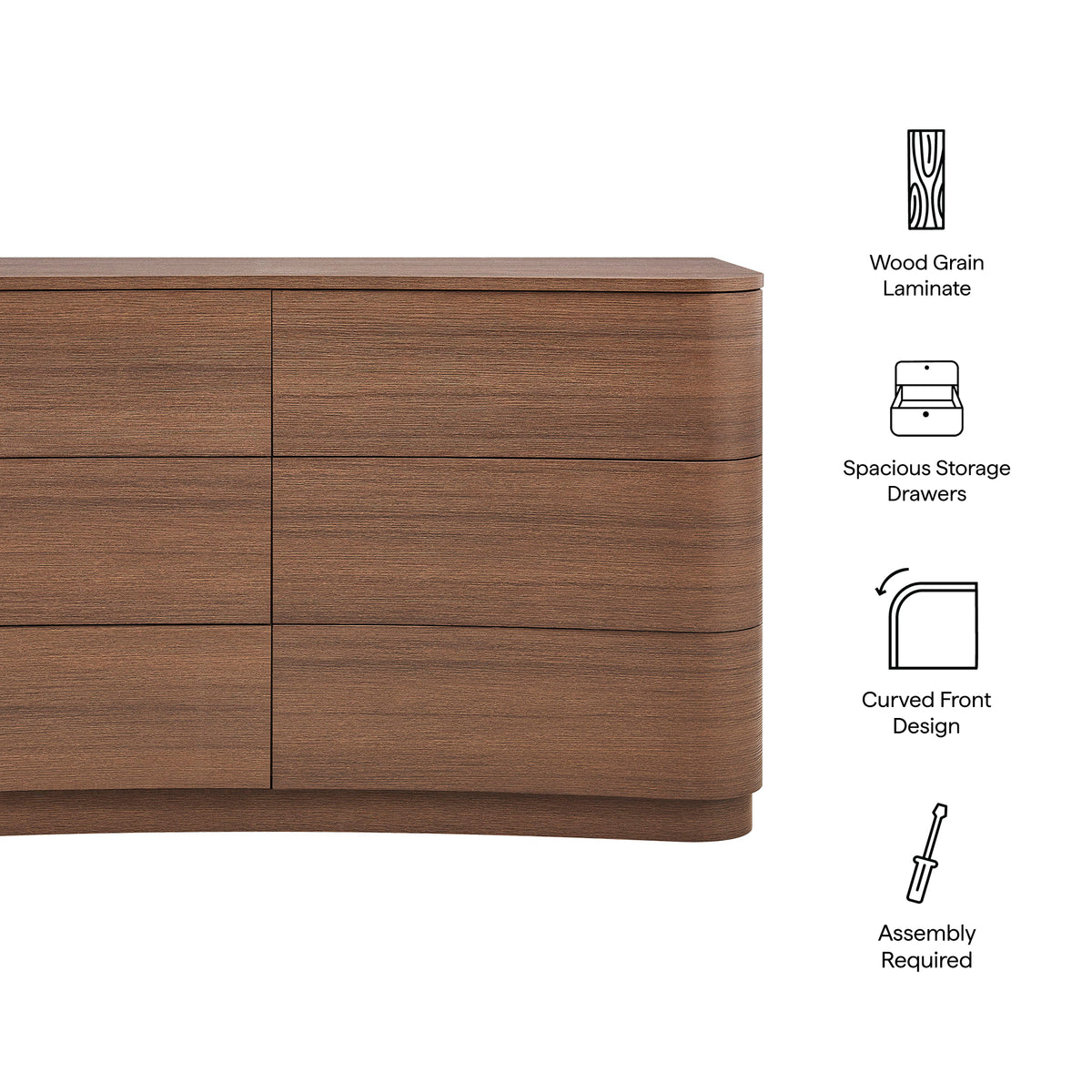 Mirae 6-Drawer Curved Dresser - Brushed Brown Oak