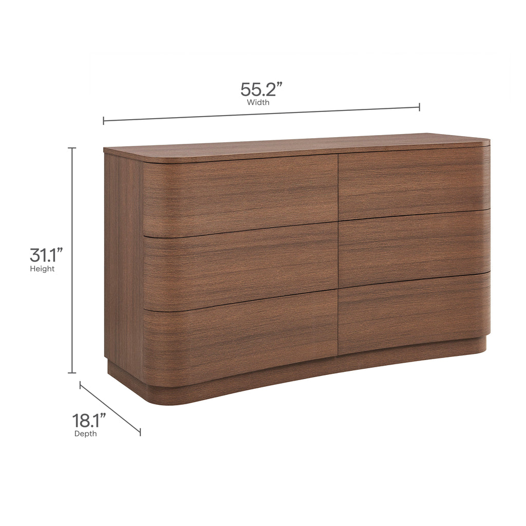 Mirae 6-Drawer Curved Dresser - Brushed Brown Oak