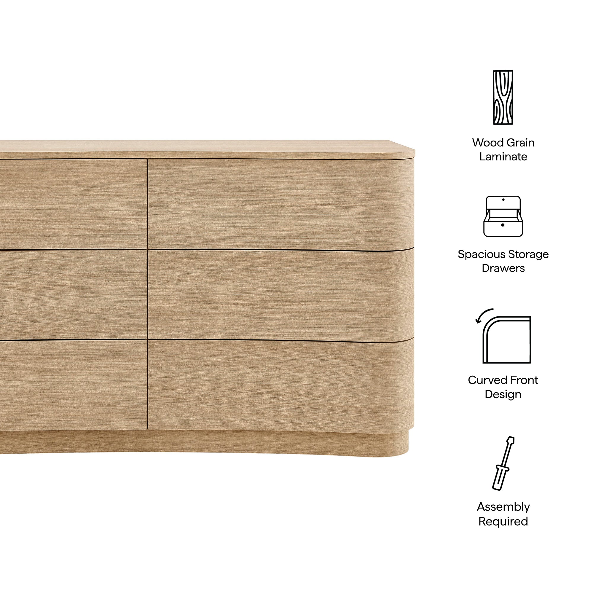 Mirae 6-Drawer Curved Dresser - Brushed Light Oak