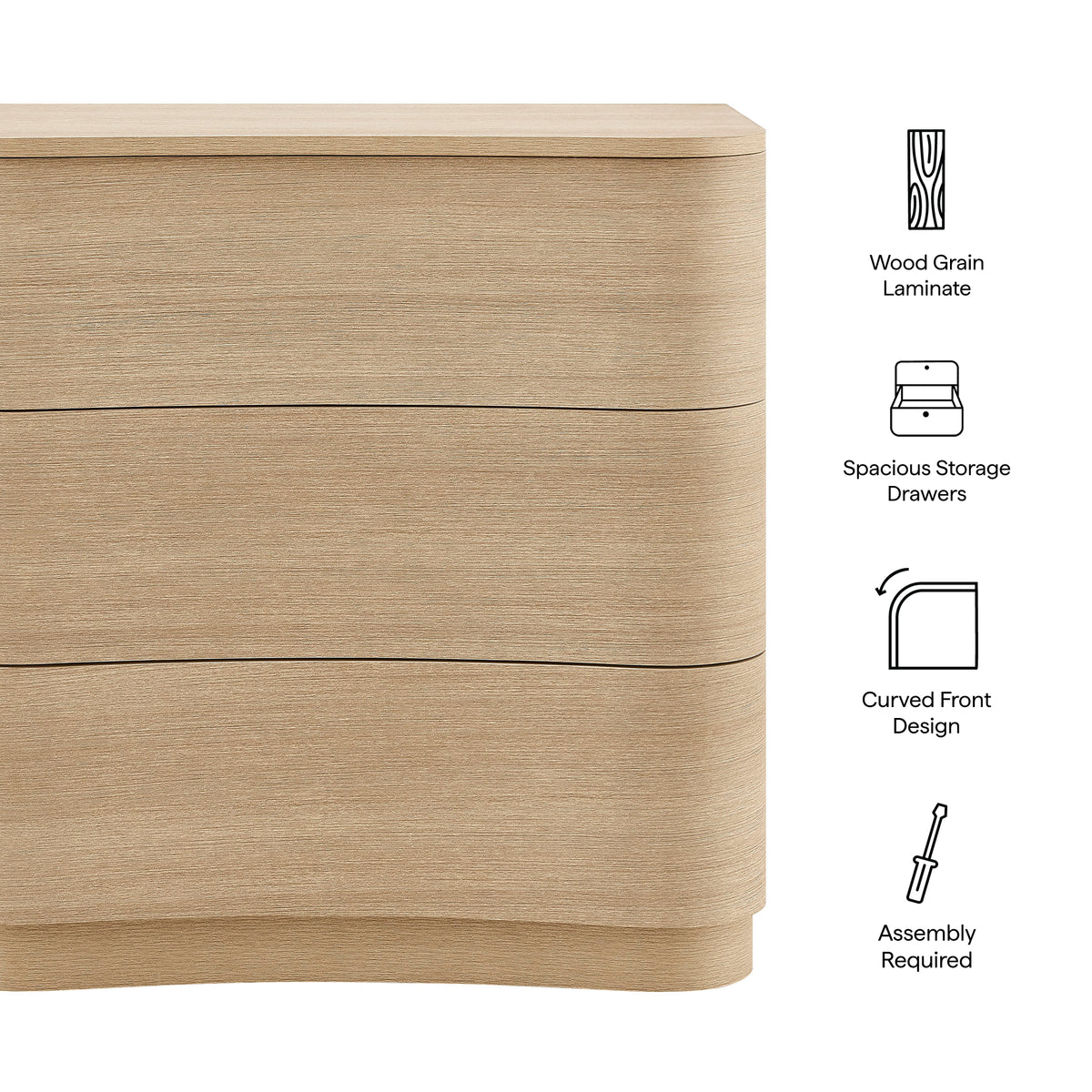Mirae 3-Drawer Curved Compact Dresser - Brushed Light Oak