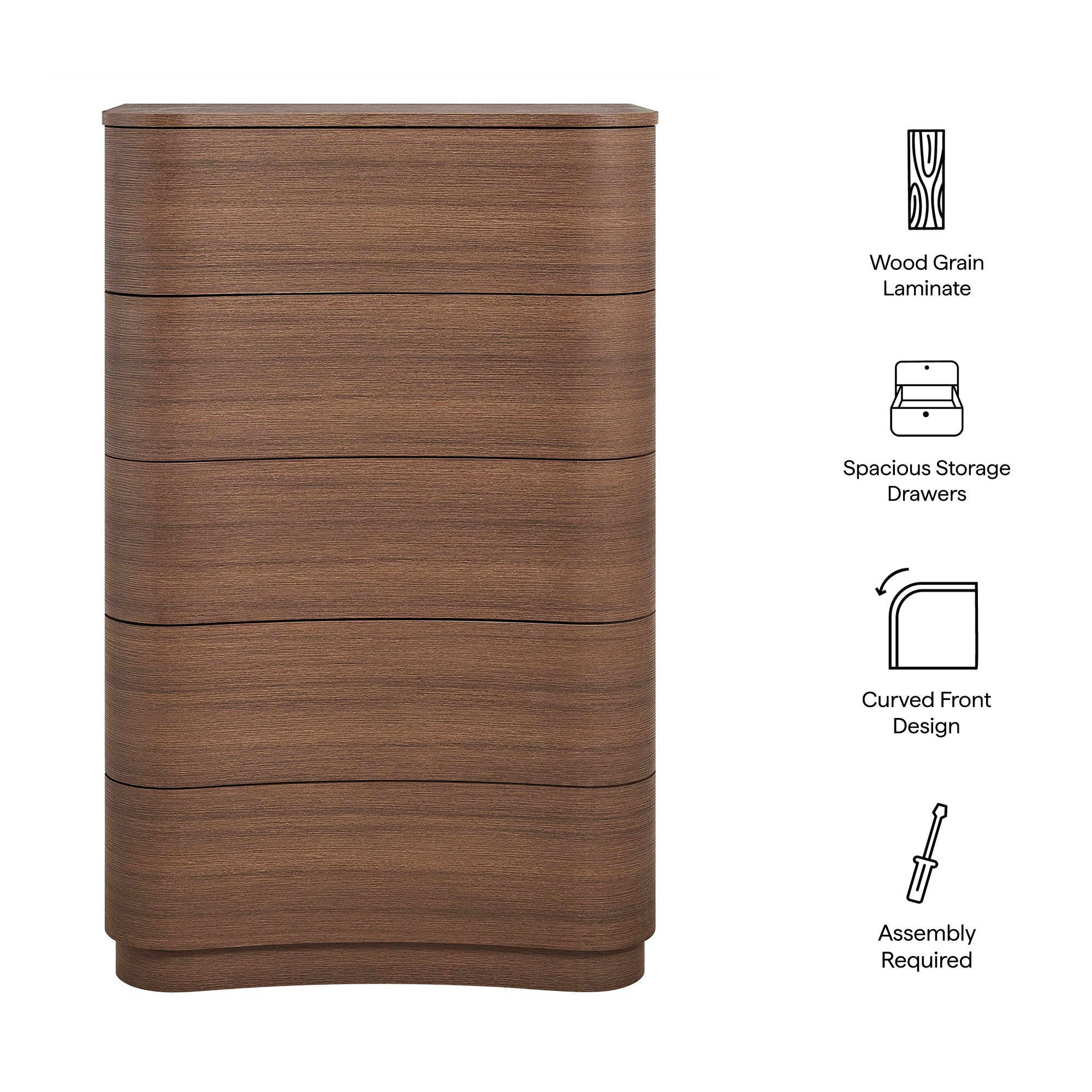 Mirae 5-Drawer Curved Dresser Chest of Drawers - Brushed Brown Oak