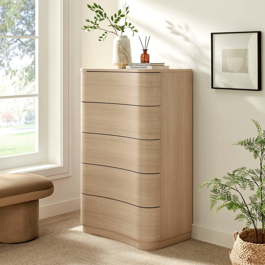 Mirae 5-Drawer Curved Dresser Chest of Drawers - Brush Light Oak