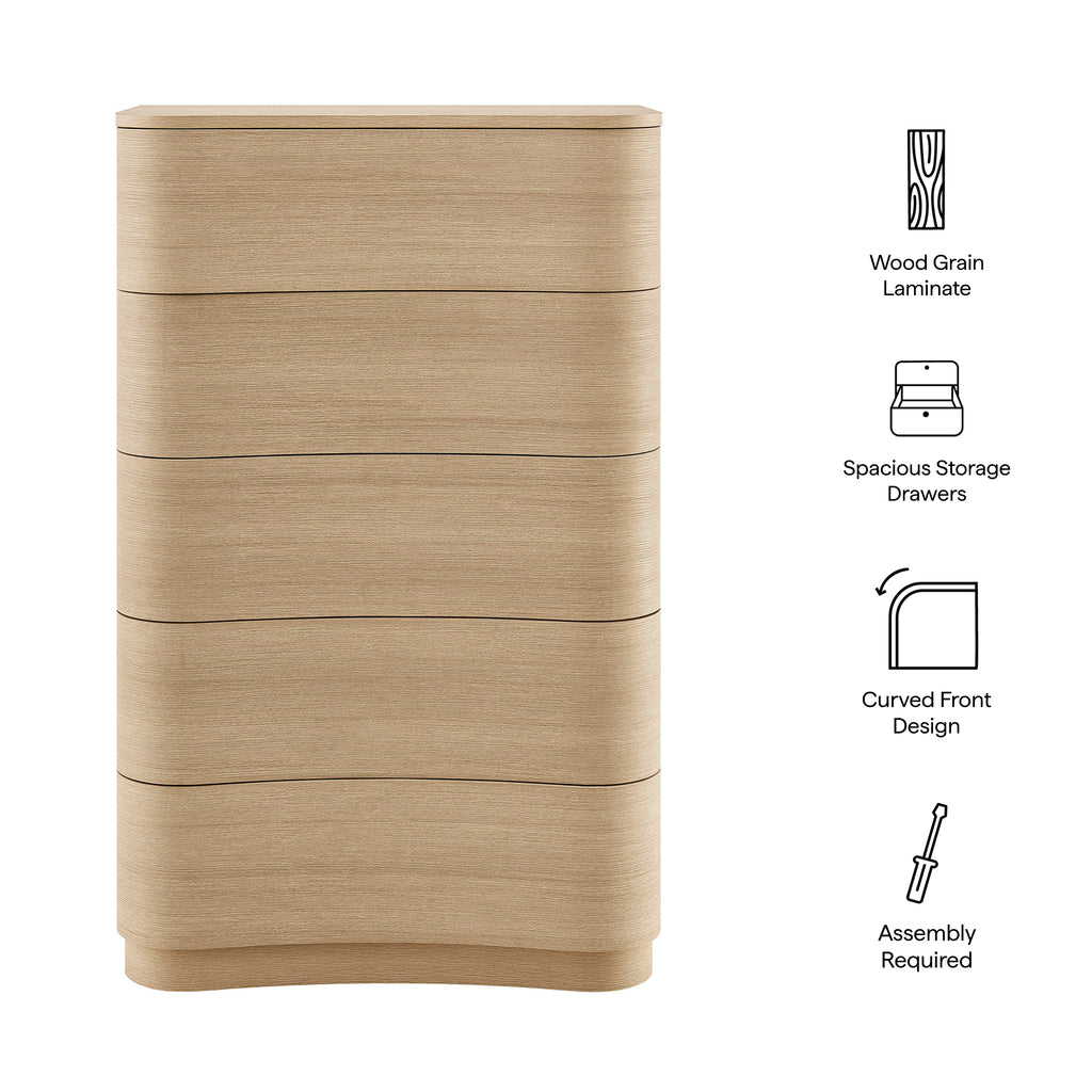 Mirae 5-Drawer Curved Dresser Chest of Drawers - Brush Light Oak