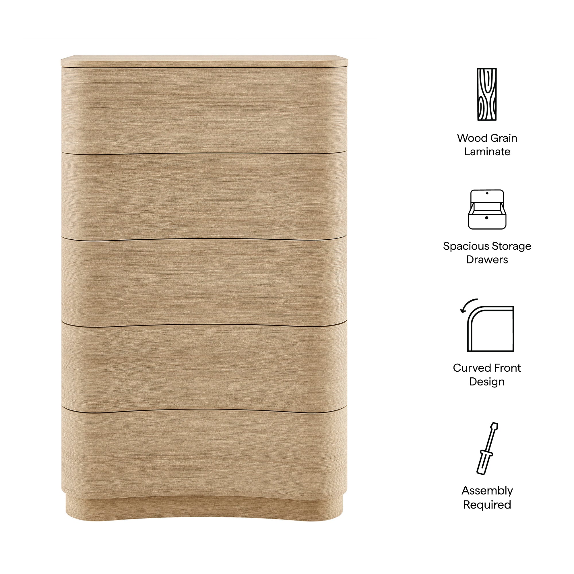 Mirae 5-Drawer Curved Dresser Chest of Drawers - Brush Light Oak