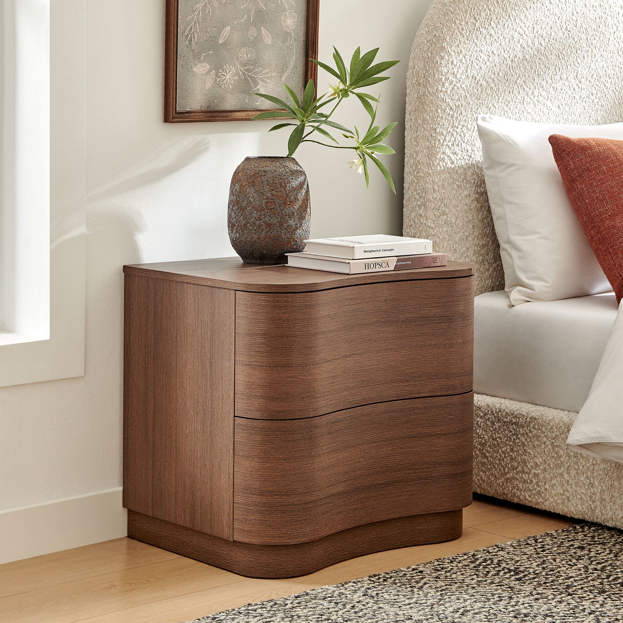 Mirae 2-Drawer Curved Nightstand - Brushed Brown Oak