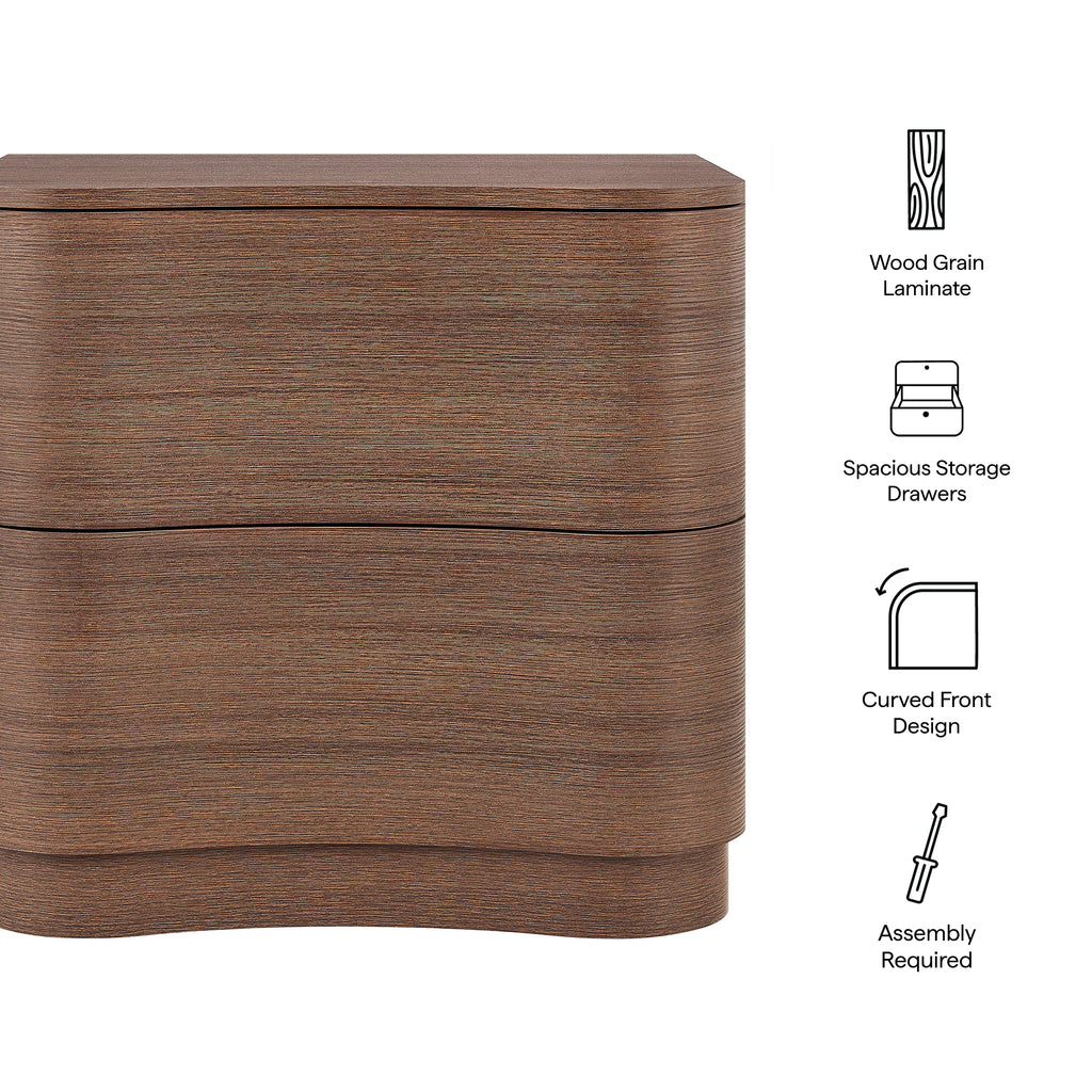 Mirae 2-Drawer Curved Nightstand - Brushed Brown Oak