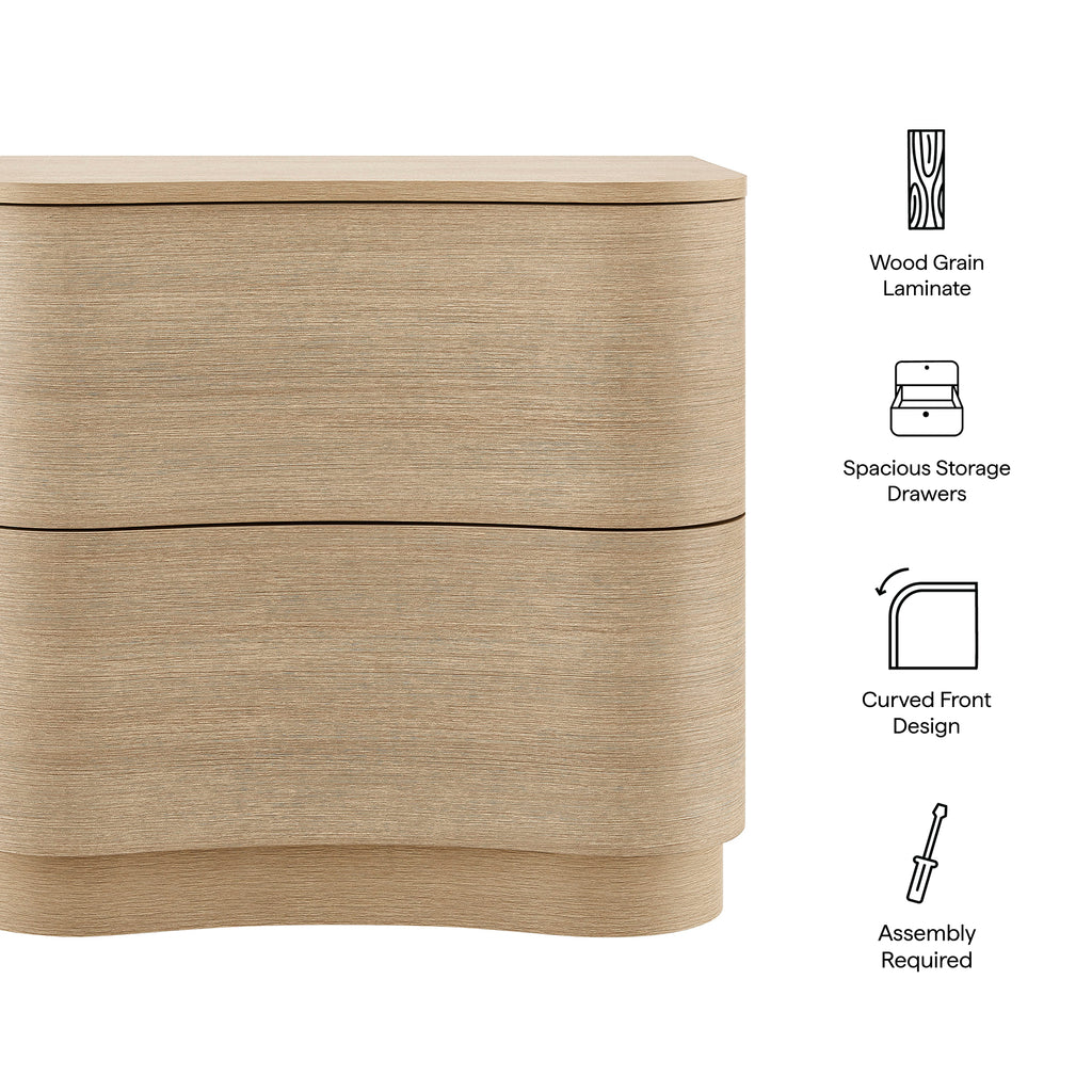 Mirae 2-Drawer Curved Nightstand - Brushed Light Oak
